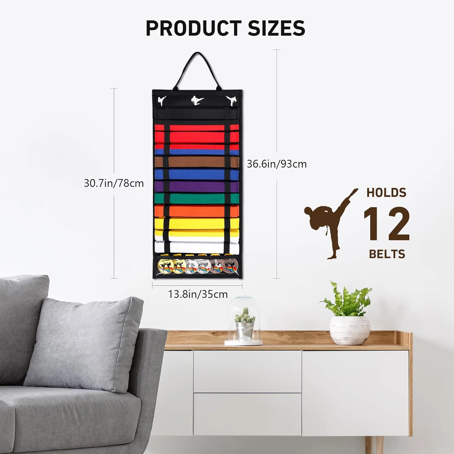 نگهدارنده کمربند کاراته Winartton با 12 جایگاه و محفظه نگهداری مدال PVC، نگهدارنده کمربند تکواندو نمدی، قفسه کمربند هنرهای رزمی نمدی مناسب برای هنرجویان و دانشجویان هنرهای رزمی (شامل میخ)