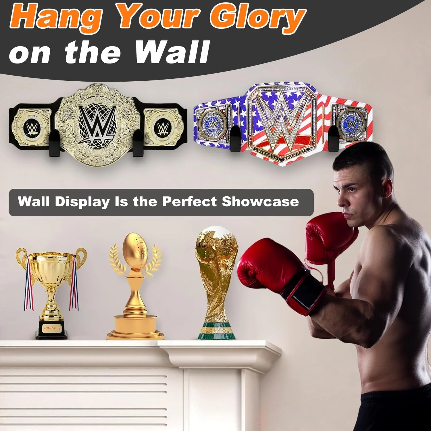 نگهدارنده کمربند قهرمانی کشتی، مناسب برای نصب روی دیوار، ایده آل برای بزرگسالان و کودکان، بادوام و نصب آسان، سازمان دهنده کمربند عنوان برای دیوار (4 عدد)
