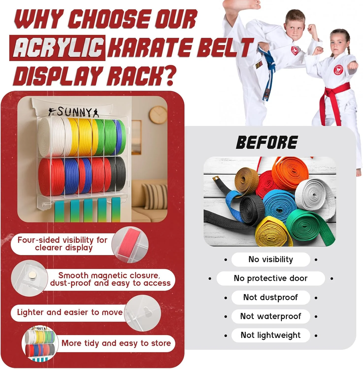 استند نمایش کمربند کاراته آکریلیک Vicenpal با استند نمایش مدال و تندیس، نگهدارنده کمربند هنرهای رزمی تکواندو شفاف همراه با استیکر