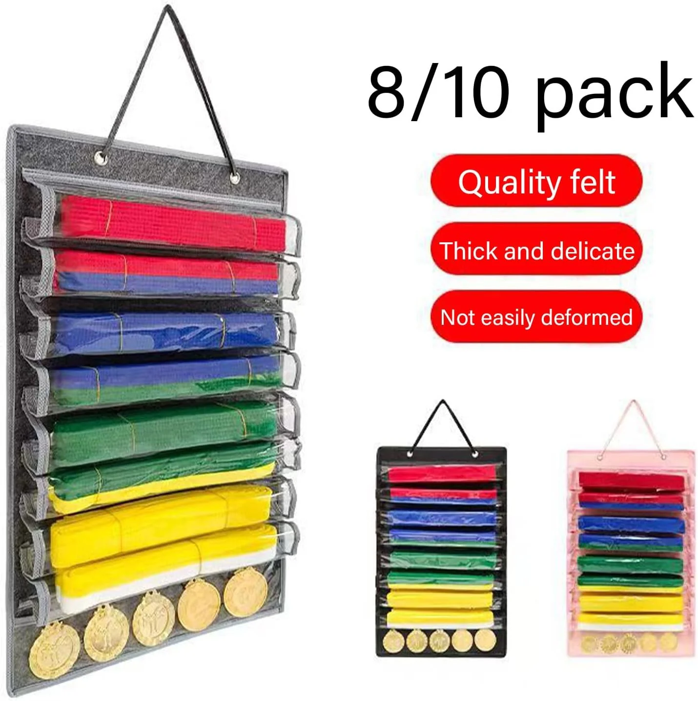 محفظه نمایش کمربند تکواندو با آویز مدال دیواری، ساخته شده از مواد PVC بادوام و نمد، گنجایش 8 کمربند، مناسب برای استفاده روزانه محفظه نمایش کمربند تکواندو با آویز مدال دیواری، ساخته شده از مواد PVC بادوام و نمد، گنجایش 8 کمربند، مناسب برای استفاده روزانه