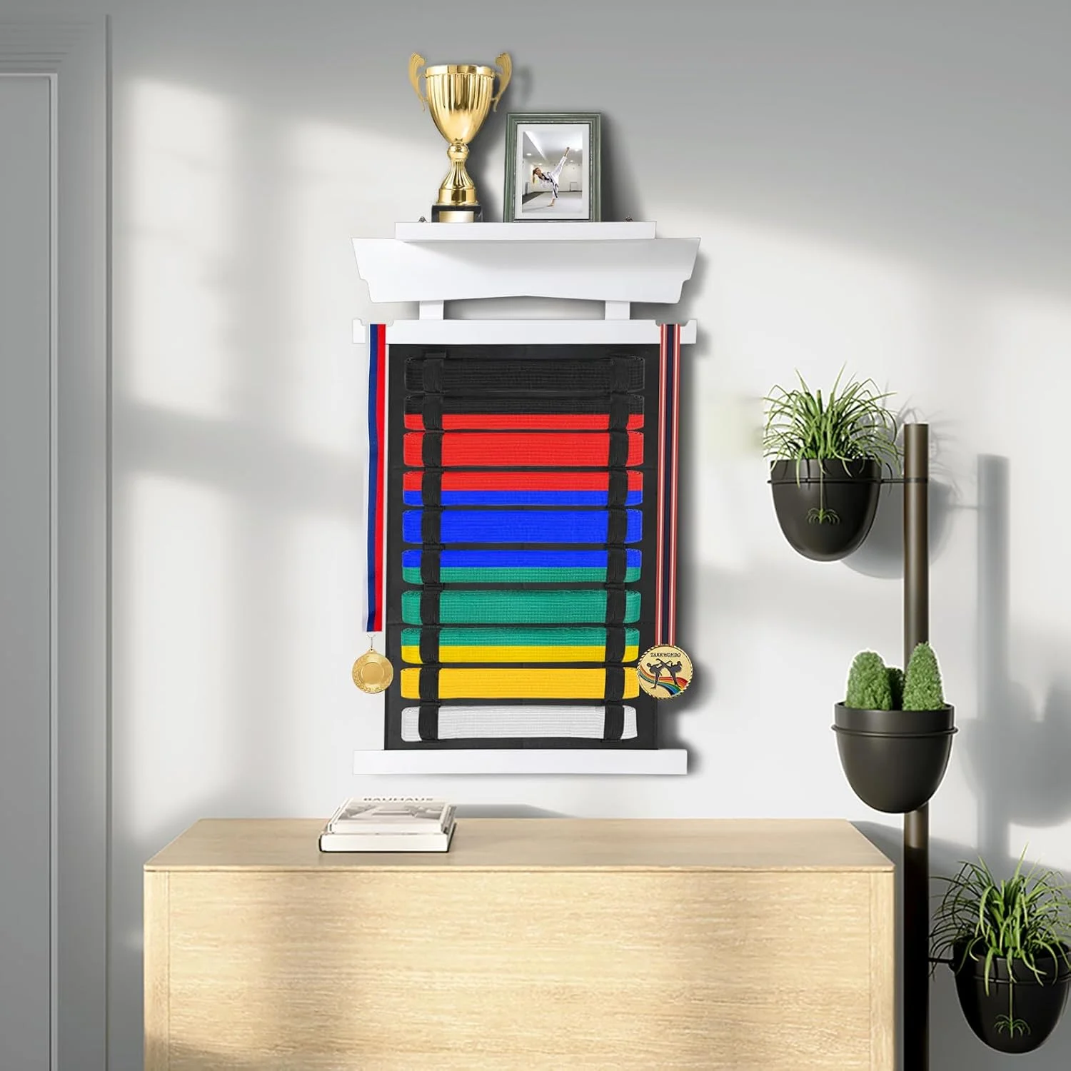 استند نمایش کمربند هنرهای رزمی سامناکان با ظرفیت 10 کمربند، سازمان دهنده کمربند هنرهای رزمی کاراته تکواندو، نگهدارنده مدال کمربند دیواری همراه با قفسه برای هنرجویان هنرهای رزمی کاراته تکواندو (بدون کمربند)