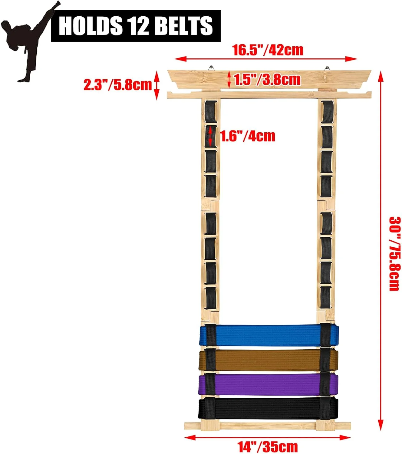 نگهدارنده کمربند هنرهای رزمی سامناکان برای 12 کمربند، بامبو، قابل جابجایی، استند کمربند تکواندو، نصب دیواری، نمایش کمربند برای مدال، جودو، کاراته، نینجوتسو، به عنوان هدیه شخصی، رنگ طبیعی
