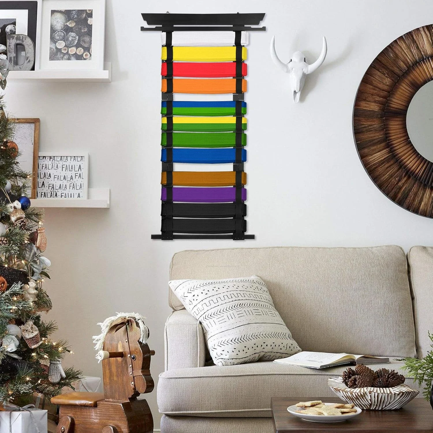 نگهدارنده کمربند هنرهای رزمی سامناکان برای 12 کمربند، بامبو، قابل جابجایی، پایه کمربند تکواندو، نصب دیواری، نمایشگر کمربند برای مدال، کمربند جودو کاراته نینجوتسو، هدیه شخصی مشکی