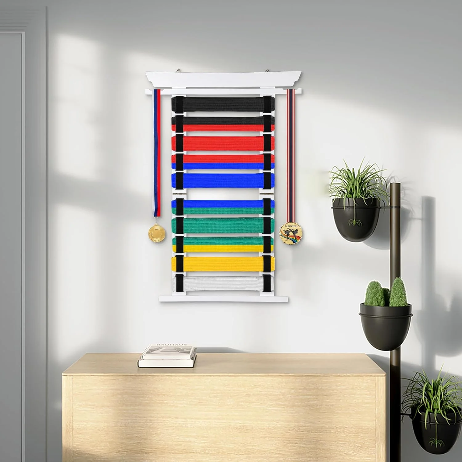 نگهدارنده کمربند هنرهای رزمی بامبو سفید 10 تایی SUMNACON، سازمان دهنده کمربند کاراته تکواندو، قفسه نمایش کمربند هنرهای رزمی دیواری، نگهدارنده نمایش مدال کمربند برای کارآموزان کاراته تکواندو (بدون کمربند)