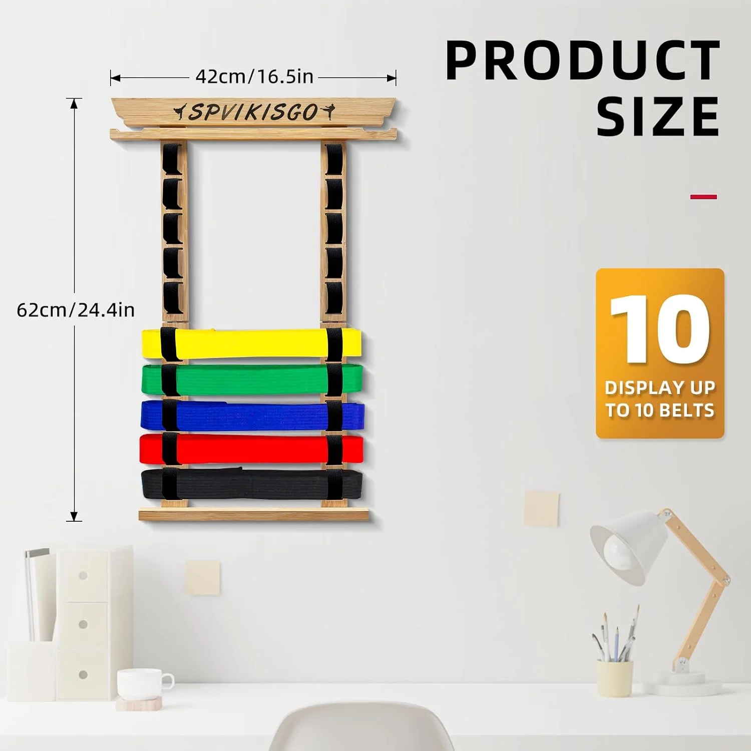 استند نمایش کمربند کاراته، استند نمایش کمربند تکواندو با استیکر و قلاب مدال، بدون نیاز به مونتاژ برای کمربند جیو جیتسو، کمربند BJJ، نمایش کمربند هنرهای رزمی