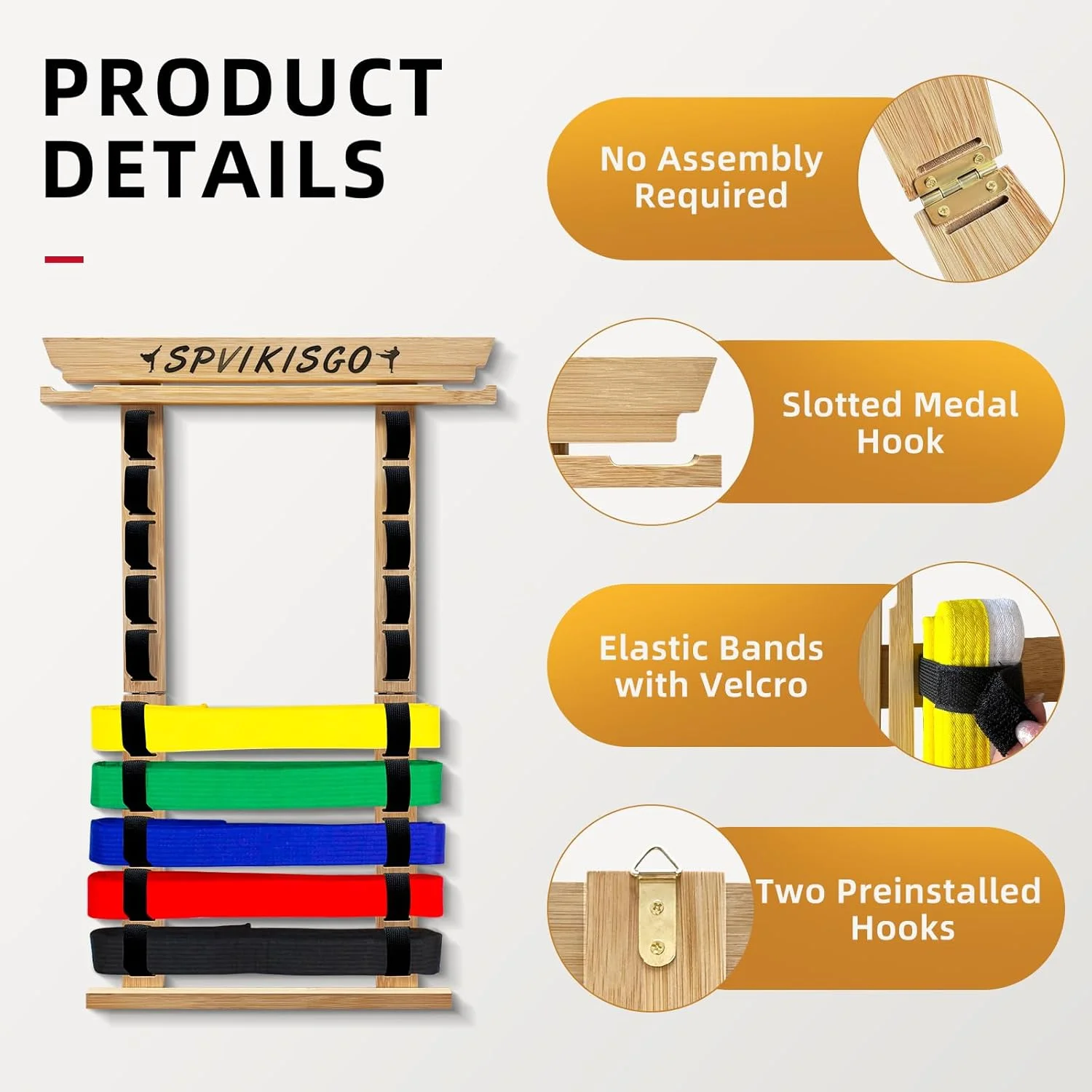 استند نمایش کمربند کاراته، استند نمایش کمربند تکواندو با استیکر و قلاب مدال، بدون نیاز به مونتاژ برای کمربند جیو جیتسو، کمربند BJJ، نمایش کمربند هنرهای رزمی