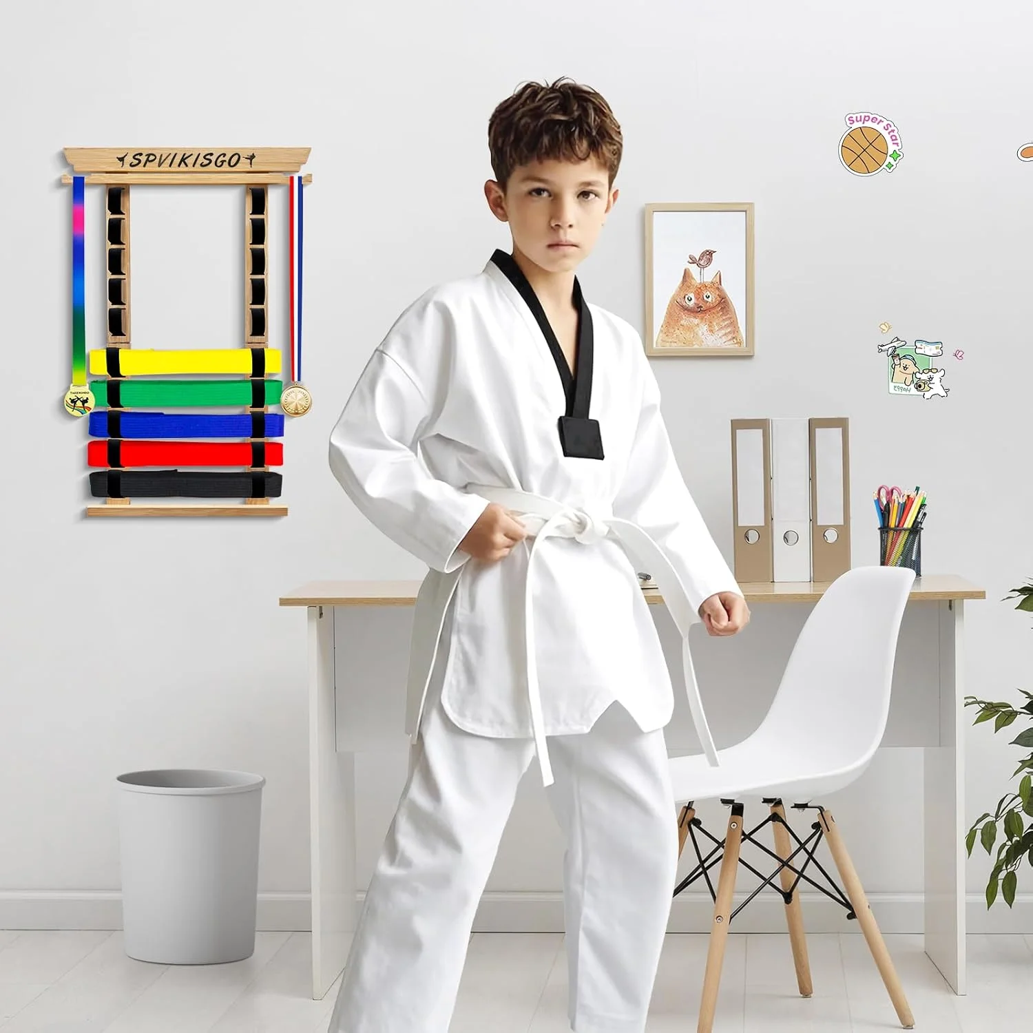 استند نمایش کمربند کاراته، استند نمایش کمربند تکواندو با استیکر و قلاب مدال، بدون نیاز به مونتاژ برای کمربند جیو جیتسو، کمربند BJJ، نمایش کمربند هنرهای رزمی