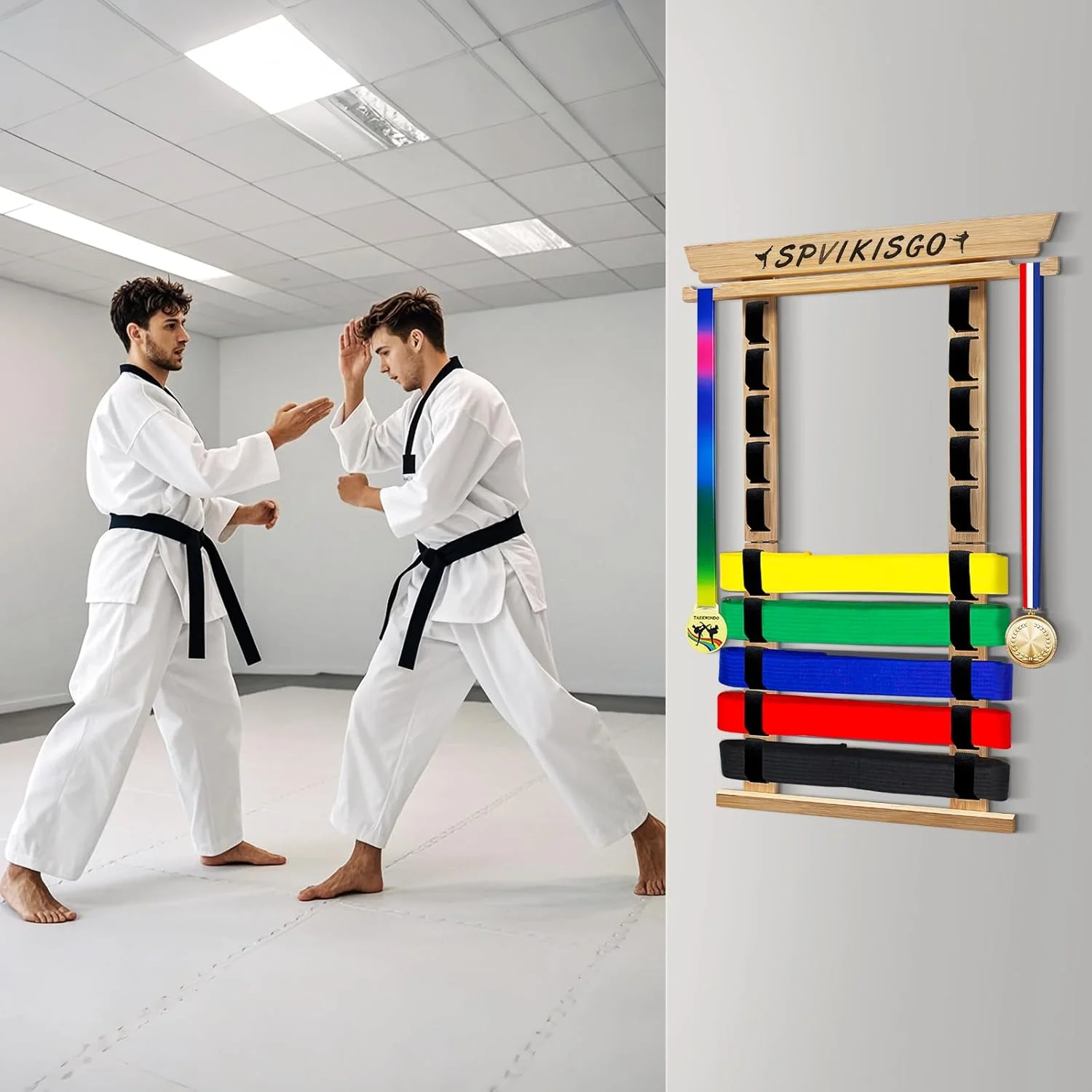 استند نمایش کمربند کاراته، استند نمایش کمربند تکواندو با استیکر و قلاب مدال، بدون نیاز به مونتاژ برای کمربند جیو جیتسو، کمربند BJJ، نمایش کمربند هنرهای رزمی