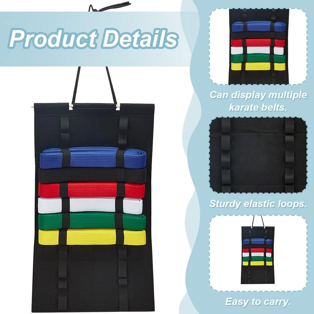 قفسه نمایش کمربند کاراته PLIGREAT، بسته 2 عددی، قفسه نمایش 12 کمربند تکواندو، سازمان دهنده کمربند هنرهای رزمی نمدی با قاب چوبی برای هنرجویان هنرهای رزمی، مشکی و آبی
