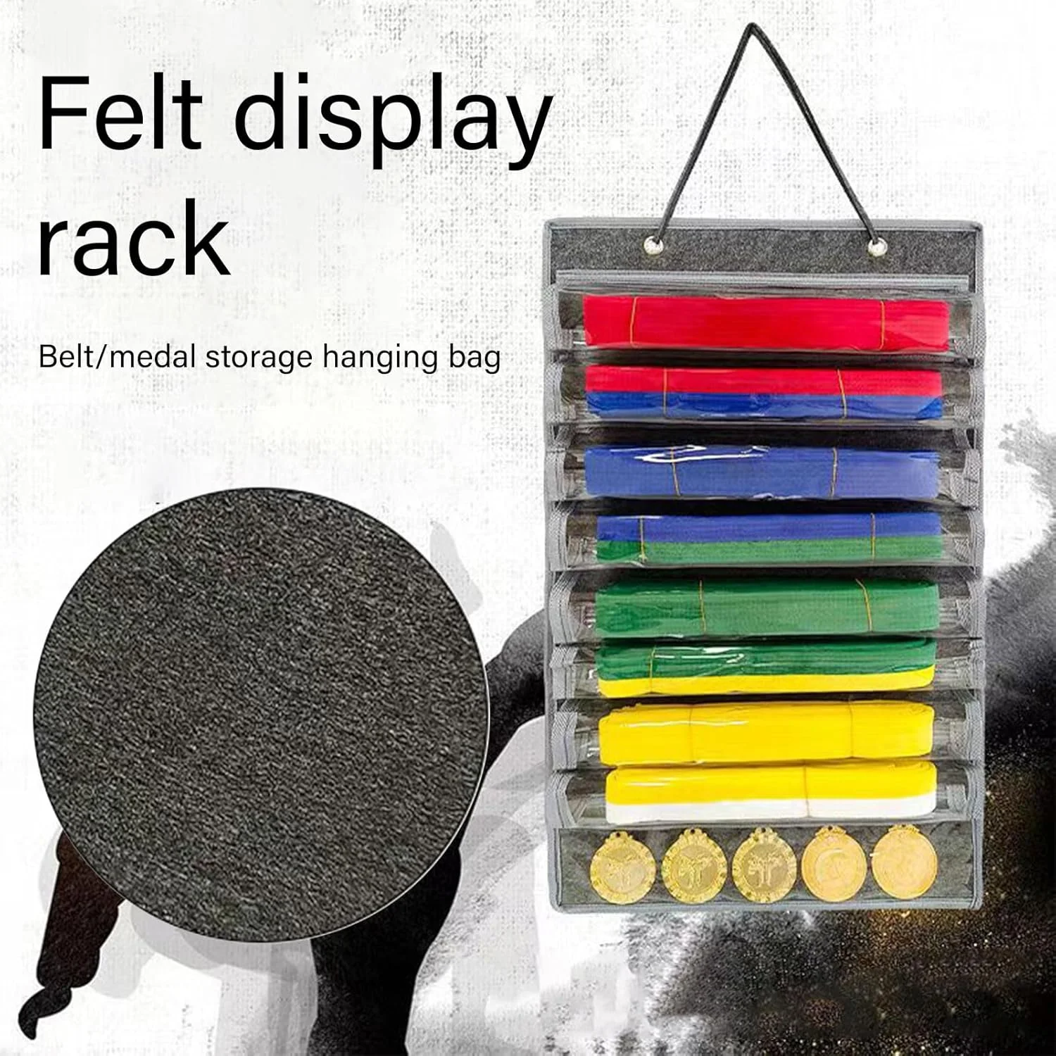 نگهدارنده کمربند هنرهای رزمی دیواری با قفسه نگهداری مدال، قفسه نمایش محافظ برای 8 کمربند، استفاده روزانه
