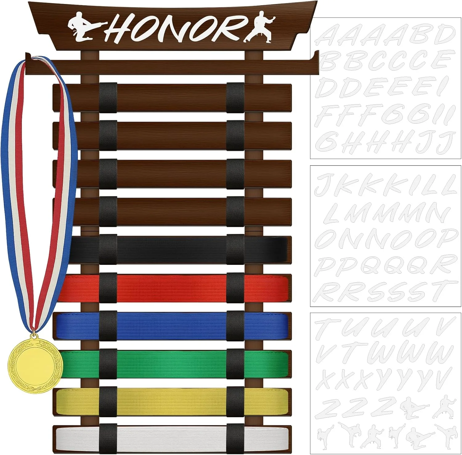 SD FACTORY استند نمایش کمربند کاراته با ظرفیت 12 کمربند به همراه استیکر، قابل نصب روی دیوار، مناسب برای تکواندو، بدون نیاز به مونتاژ، مناسب برای کودکان و بزرگسالان