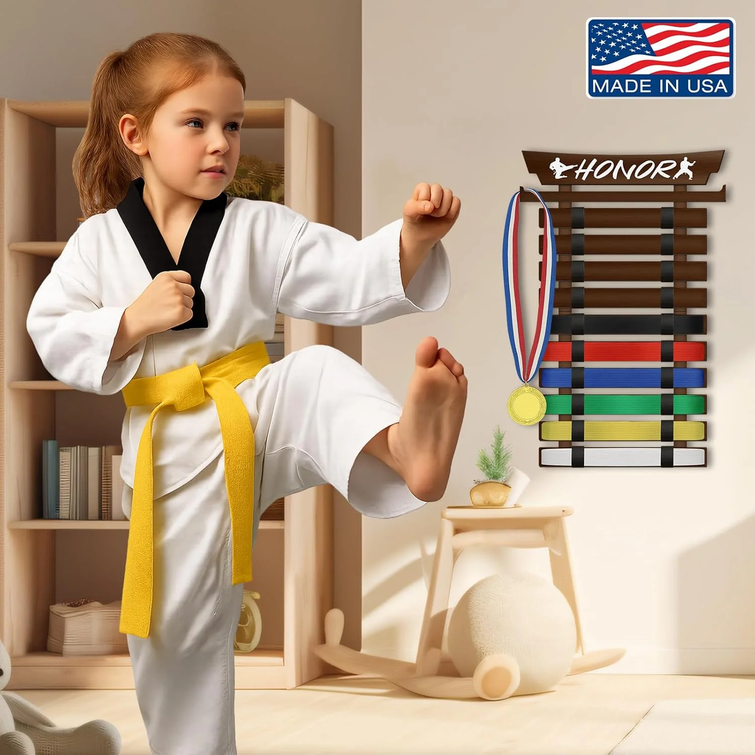 SD FACTORY استند نمایش کمربند کاراته با ظرفیت 12 کمربند به همراه استیکر، قابل نصب روی دیوار، مناسب برای تکواندو، بدون نیاز به مونتاژ، مناسب برای کودکان و بزرگسالان