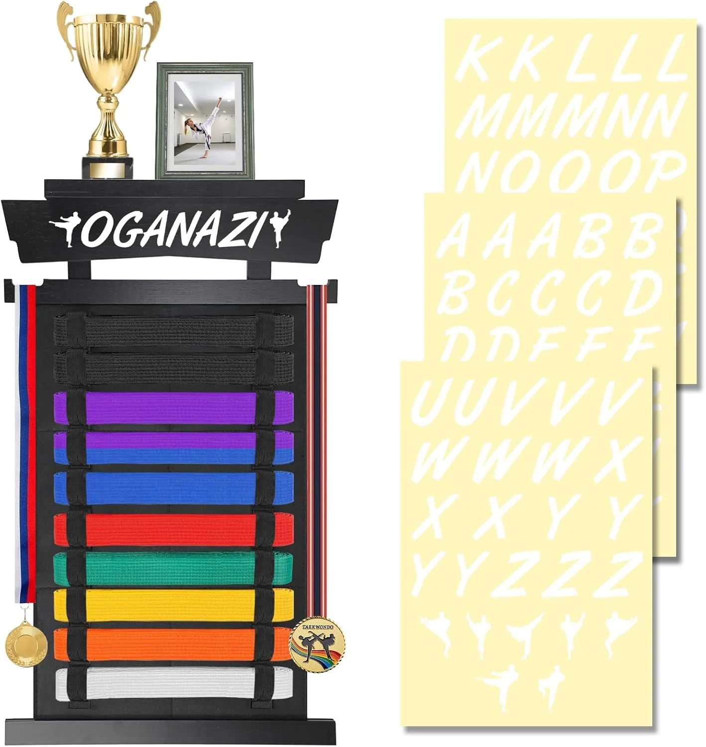 نگهدارنده کمربند کاراته OGANAZI با ظرفیت 10 کمربند، استند نمایش کمربند هنرهای رزمی همراه با آویز مدال (مشکی)