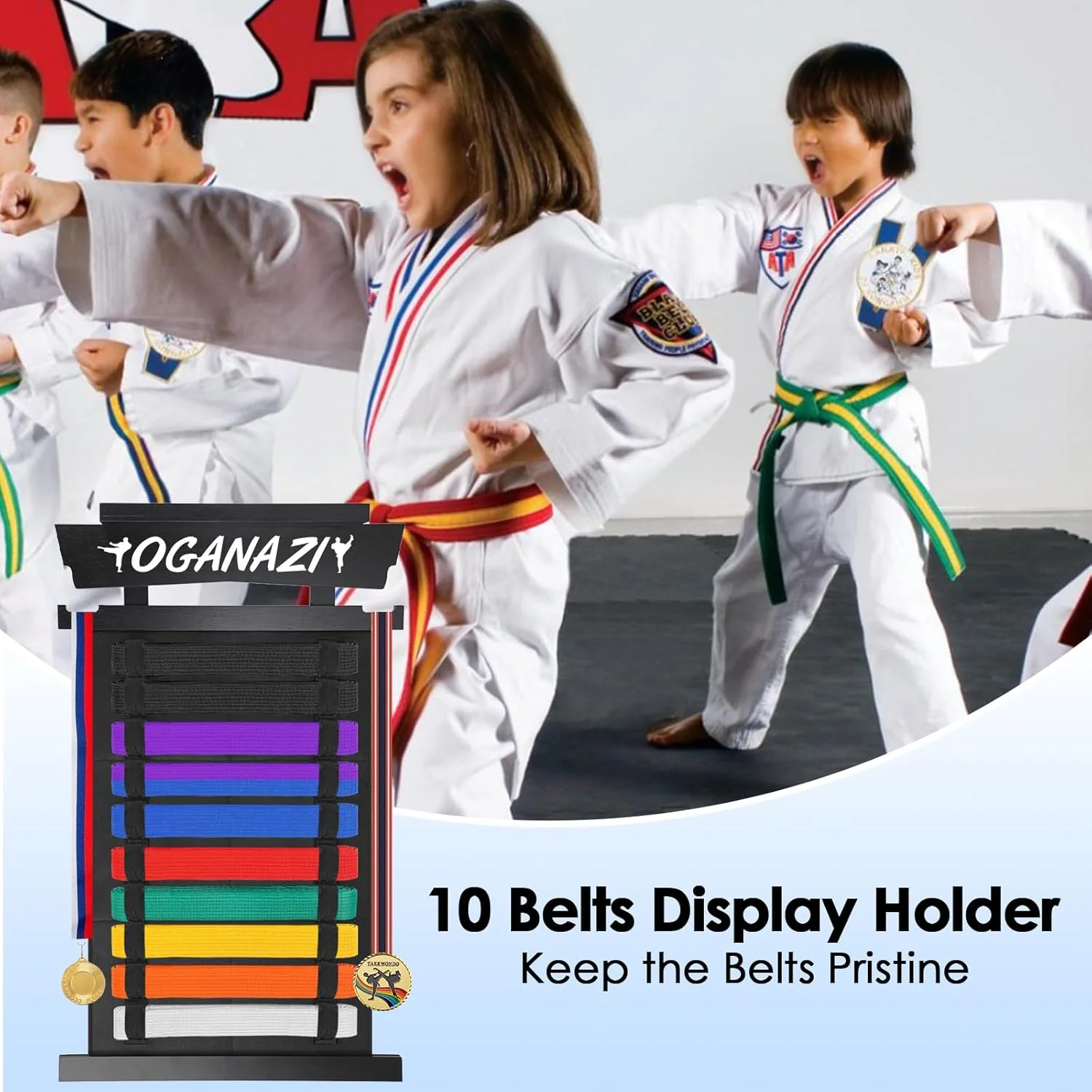 نگهدارنده کمربند کاراته OGANAZI با ظرفیت 10 کمربند، استند نمایش کمربند هنرهای رزمی همراه با آویز مدال (مشکی) نگهدارنده کمربند کاراته OGANAZI با ظرفیت 10 کمربند، استند نمایش کمربند هنرهای رزمی همراه با آویز مدال (مشکی)
