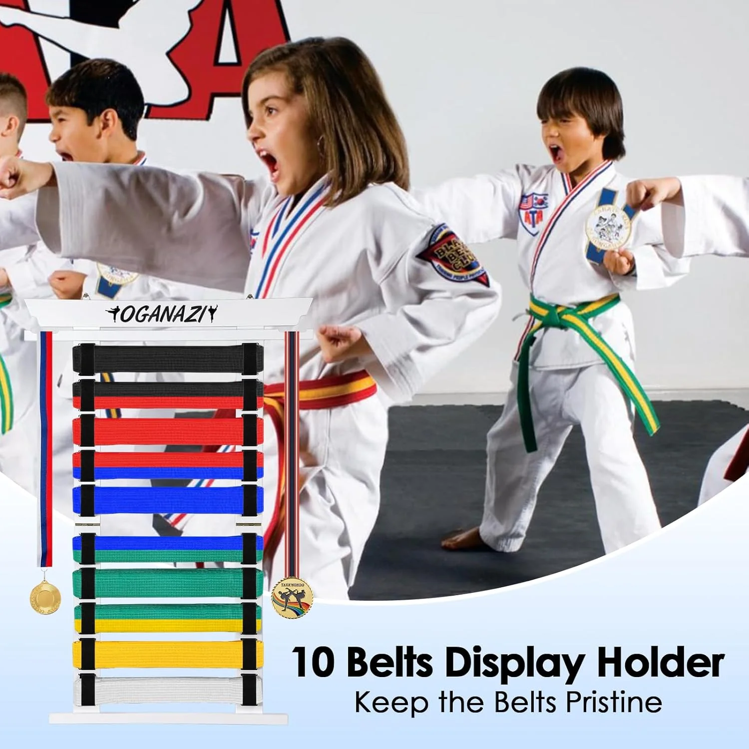 OGANAZI استند نمایش کمربند کاراته، از جنس بامبو و نمد، مناسب هنرهای رزمی تکواندو، سفید OGANAZI استند نمایش کمربند کاراته، از جنس بامبو و نمد، مناسب هنرهای رزمی تکواندو، سفید