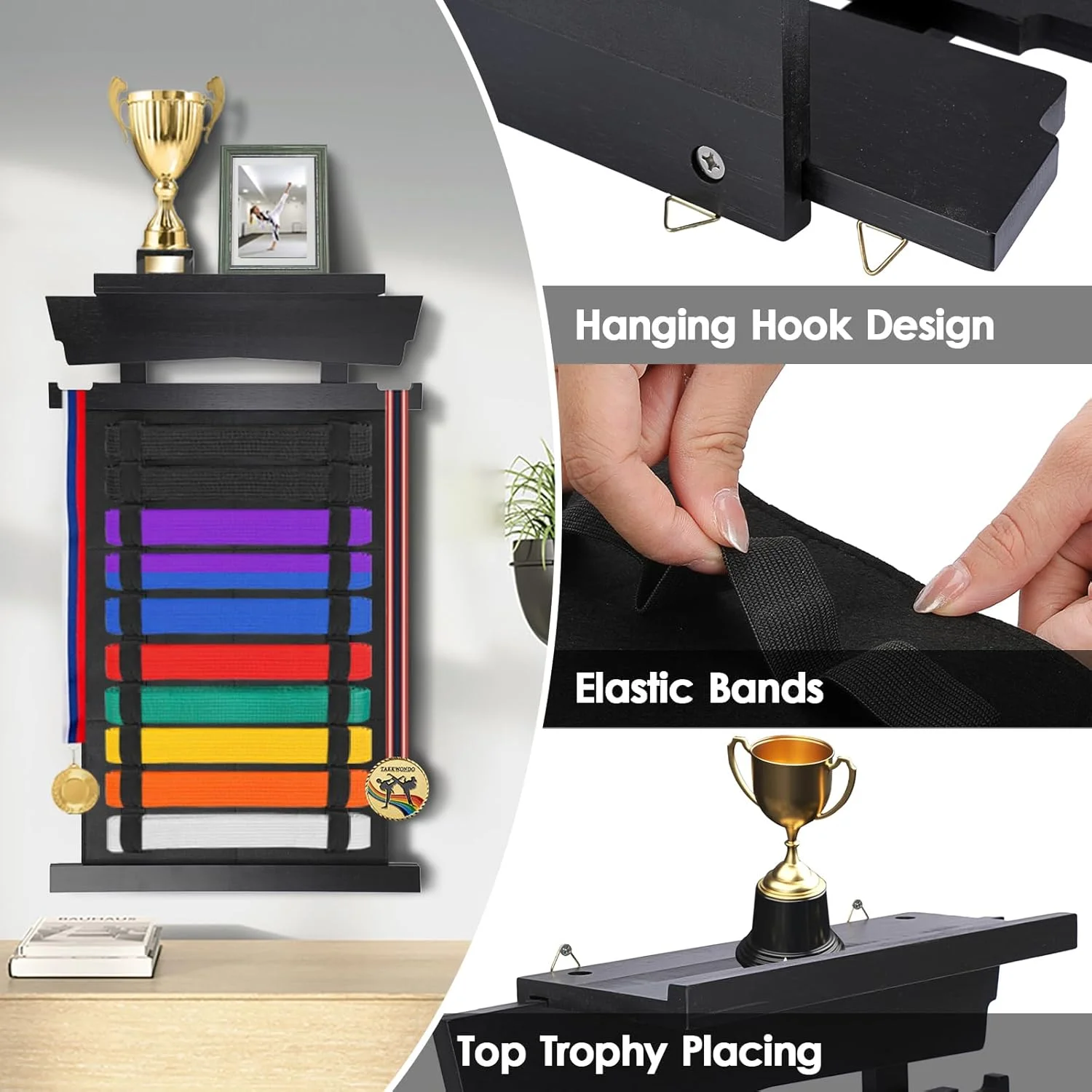 نگهدارنده کمربند کاراته OGANAZI با ظرفیت 10 کمربند، استند نمایش کمربند هنرهای رزمی همراه با آویز مدال (مشکی) نگهدارنده کمربند کاراته OGANAZI با ظرفیت 10 کمربند، استند نمایش کمربند هنرهای رزمی همراه با آویز مدال (مشکی)
