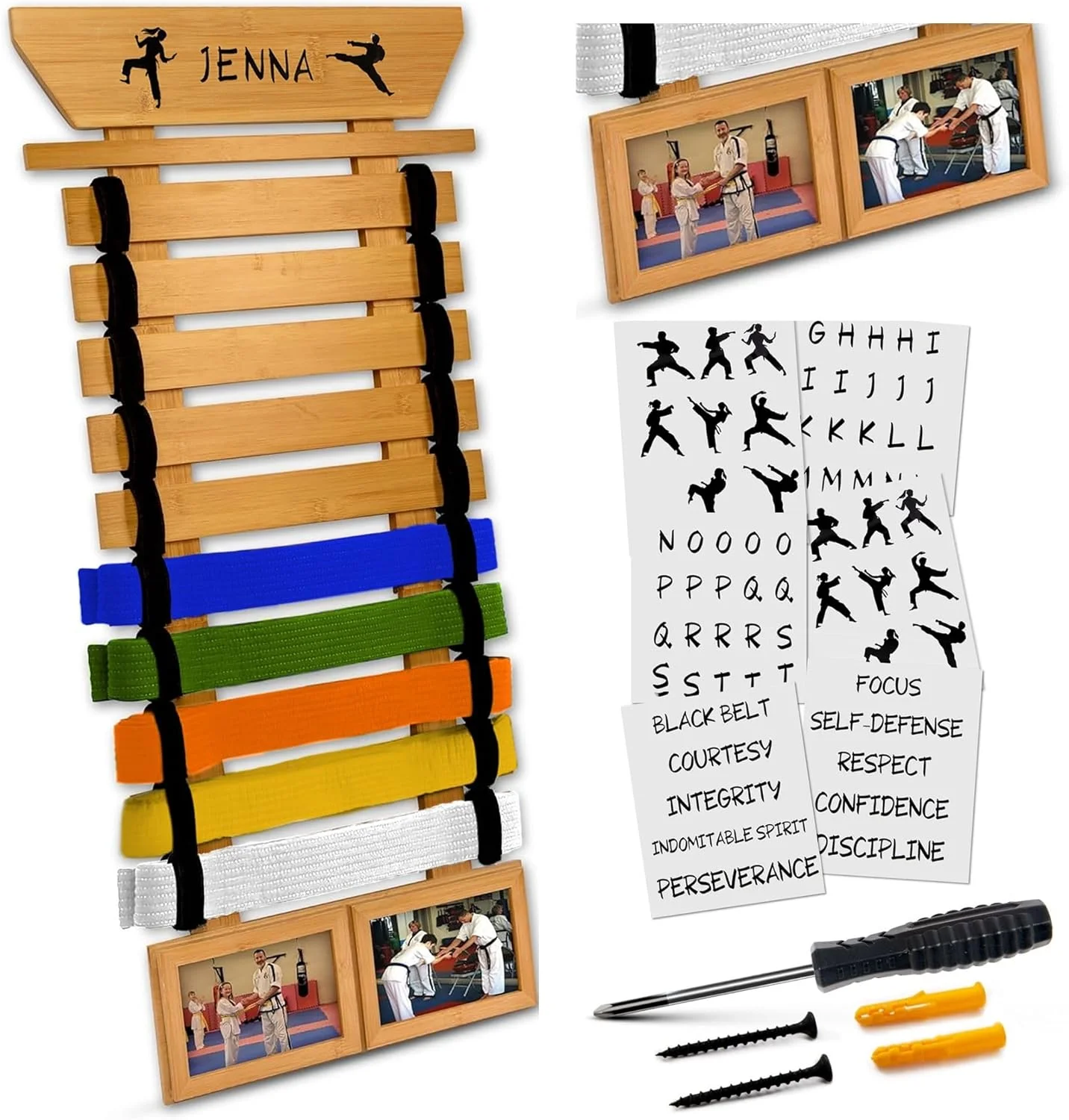 استند کمربند کاراته - استند 10 تایی کمربند تکواندو بامبو با استیکرهای سفارشی، 2 قاب عکس، نوارهای قابل تنظیم خودچسب و کیت آویز، هدیه تکواندو