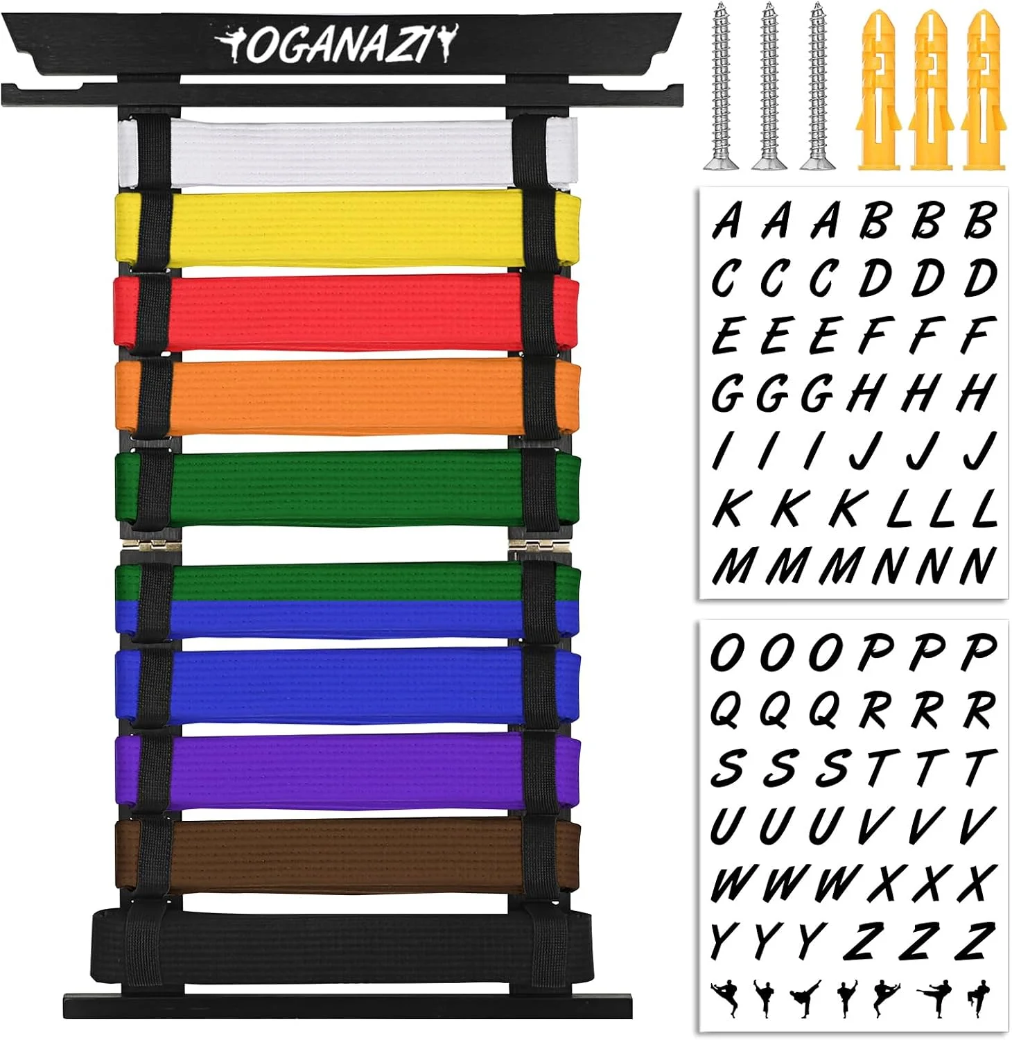 نگهدارنده کمربند کاراته بامبو OGANAZI - نگهدارنده نمایش کمربند هنرهای رزمی برای 10 کمربند با آویز مدال (مشکی)