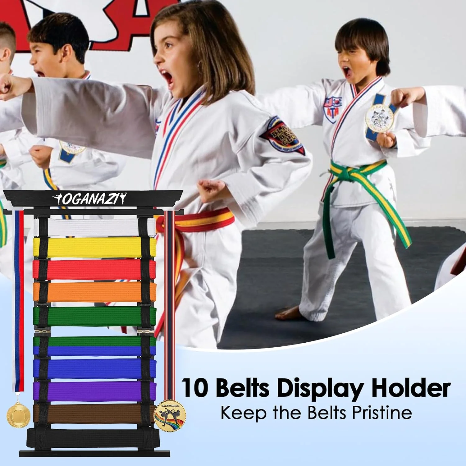 نگهدارنده کمربند کاراته بامبو OGANAZI - نگهدارنده نمایش کمربند هنرهای رزمی برای 10 کمربند با آویز مدال (مشکی) نگهدارنده کمربند کاراته بامبو OGANAZI - نگهدارنده نمایش کمربند هنرهای رزمی برای 10 کمربند با آویز مدال (مشکی)
