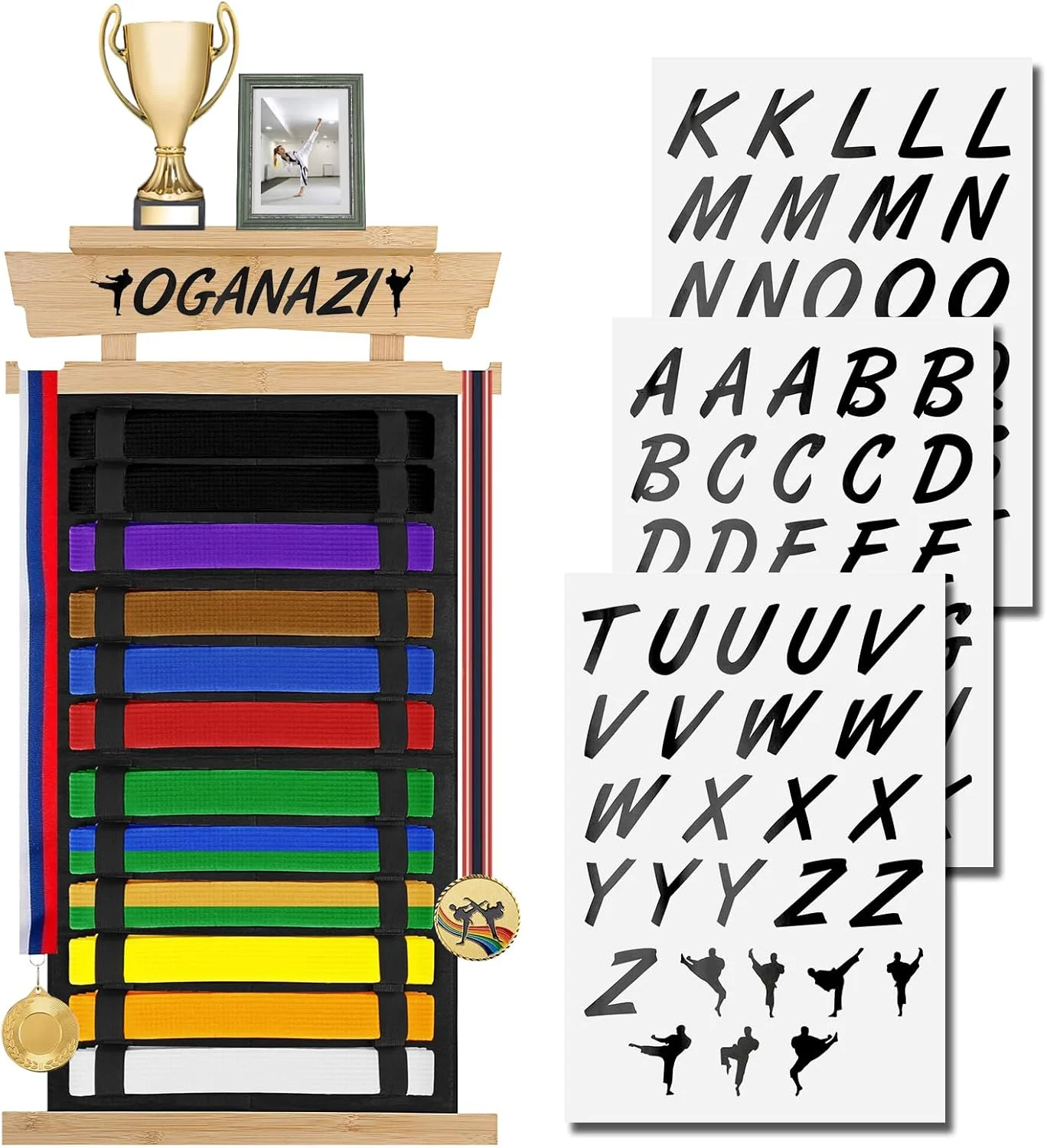 نگهدارنده کمربند کاراته OGANAZI با استیکرهای شخصیسازی شده، نگهدارنده کمربند تکواندو با قفسه جایزه بامبو، نگهدارنده کمربند هنرهای رزمی نمدی برای تکواندو، کاراته، هدایای BJJ نگهدارنده کمربند کاراته OGANAZI با استیکرهای شخصیسازی شده، نگهدارنده کمربند تکواندو با قفسه جایزه بامبو، نگهدارنده کمربند هنرهای رزمی نمدی برای تکواندو، کاراته، هدایای BJJ