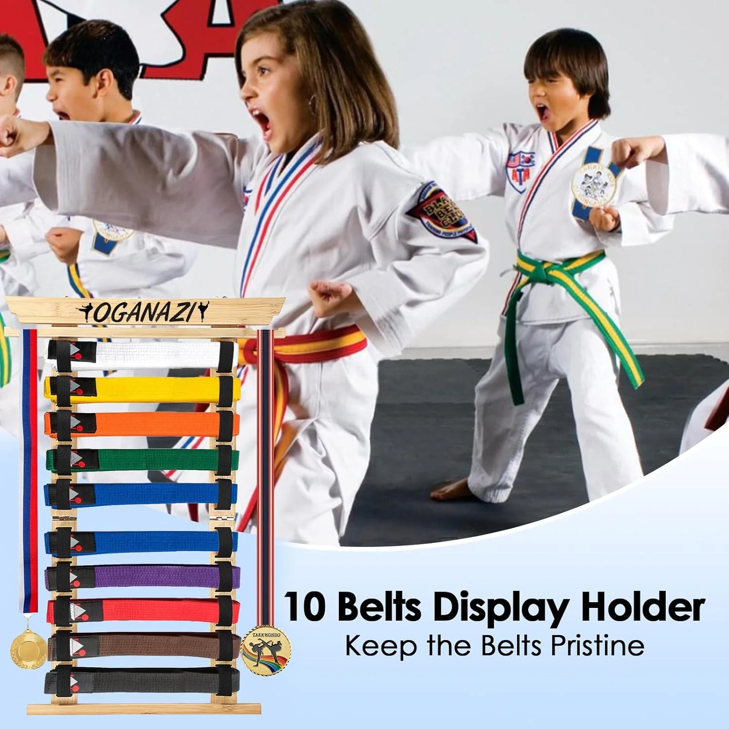 نگهدارنده کمربند کاراته OGANAZI با استیکرهای شخصی‌سازی‌شده، نگهدارنده کمربند تکواندو با جای مدال جانبی، نگهدارنده کمربند هنرهای رزمی کشی برای تکواندو، کاراته، هدایای BJJ