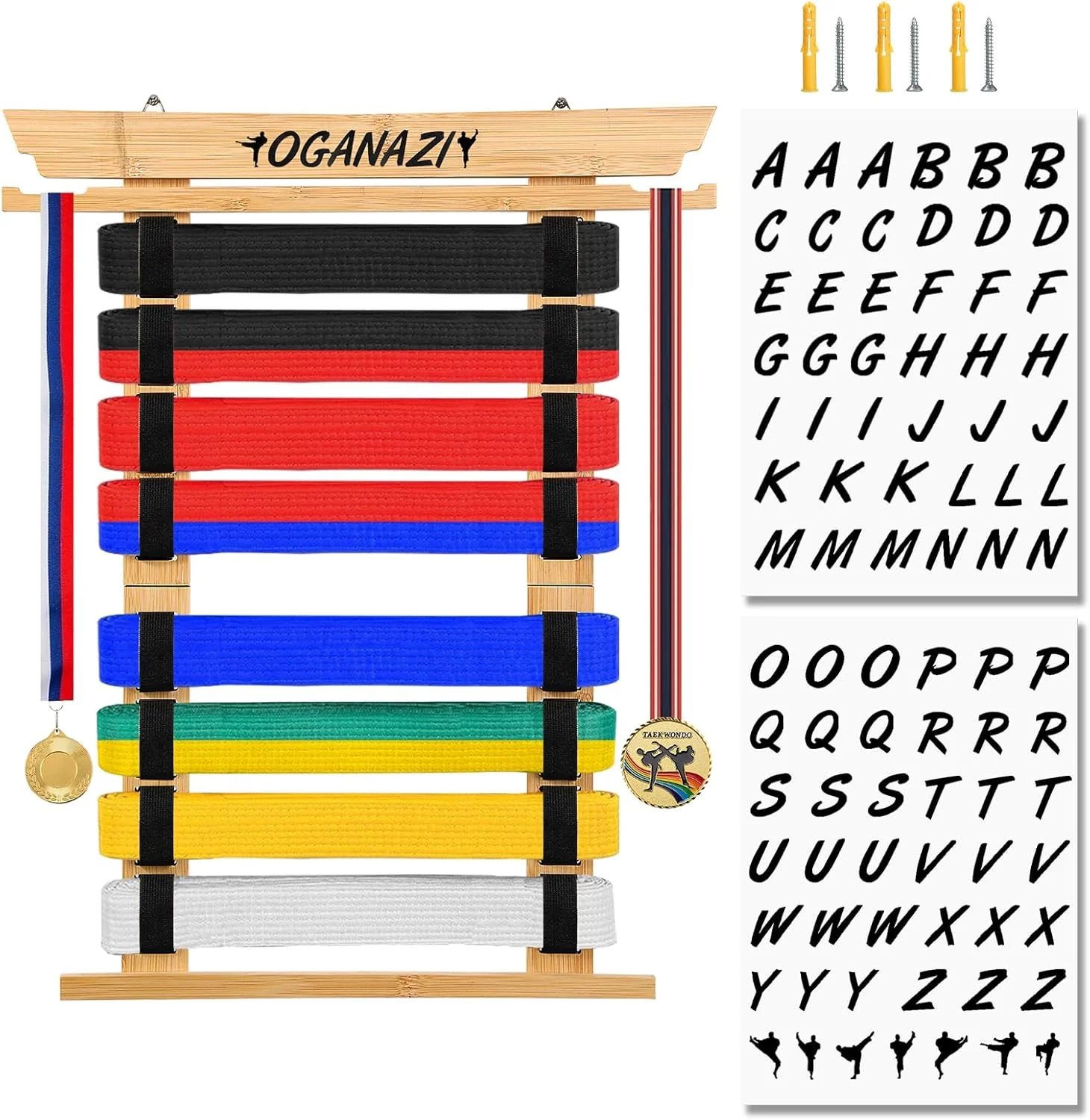 نگهدارنده کمربند کاراته با استیکرهای شخصی‌سازی شده، نگهدارنده کمربند تکواندو با جای مدال در طرفین، نگهدارنده کمربند هنرهای رزمی با نوار الاستیک برای تکواندو، کاراته، هدیه BJJ