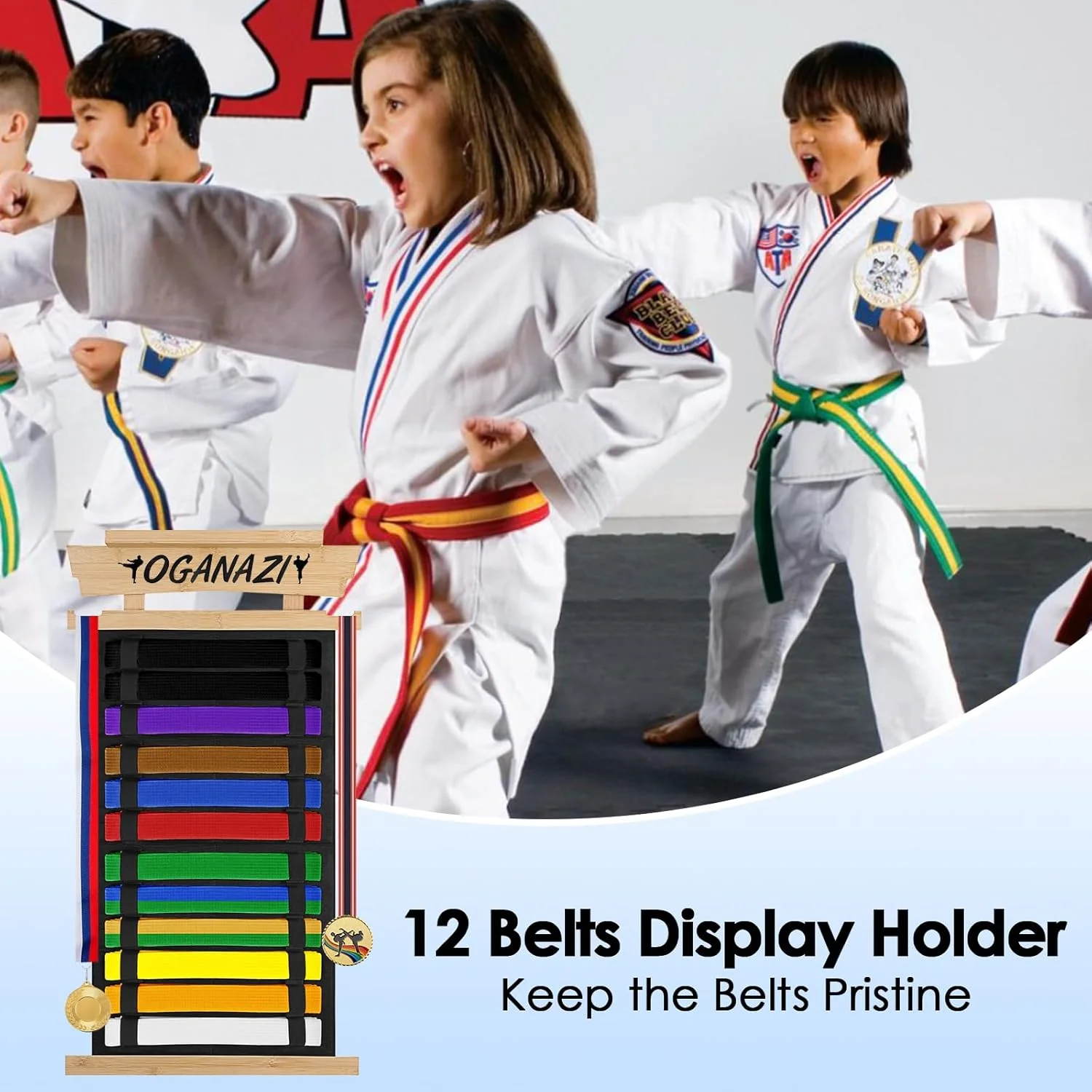 نگهدارنده کمربند کاراته OGANAZI با استیکرهای شخصیسازی شده، نگهدارنده کمربند تکواندو با قفسه جایزه بامبو، نگهدارنده کمربند هنرهای رزمی نمدی برای تکواندو، کاراته، هدایای BJJ نگهدارنده کمربند کاراته OGANAZI با استیکرهای شخصیسازی شده، نگهدارنده کمربند تکواندو با قفسه جایزه بامبو، نگهدارنده کمربند هنرهای رزمی نمدی برای تکواندو، کاراته، هدایای BJJ