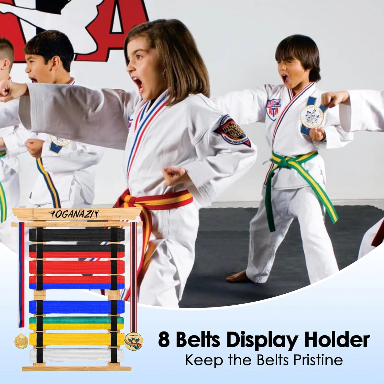 نگهدارنده کمربند کاراته با استیکرهای شخصی‌سازی شده، نگهدارنده کمربند تکواندو با جای مدال در طرفین، نگهدارنده کمربند هنرهای رزمی با نوار الاستیک برای تکواندو، کاراته، هدیه BJJ