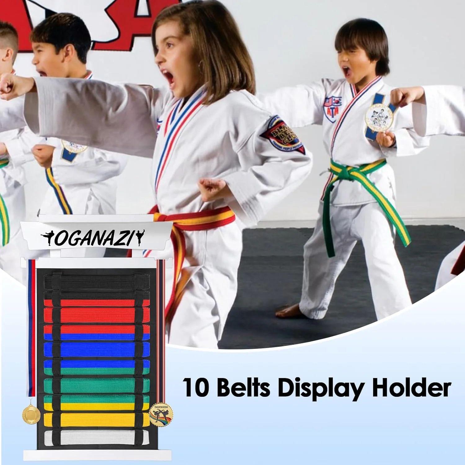 نگهدارنده کمربند سفید کاراته OGANAZI با ظرفیت 10 کمربند، قفسه بامبو و نمدی برای نگهداری تجهیزات هنرهای رزمی تکواندو به همراه جایزه، سفید