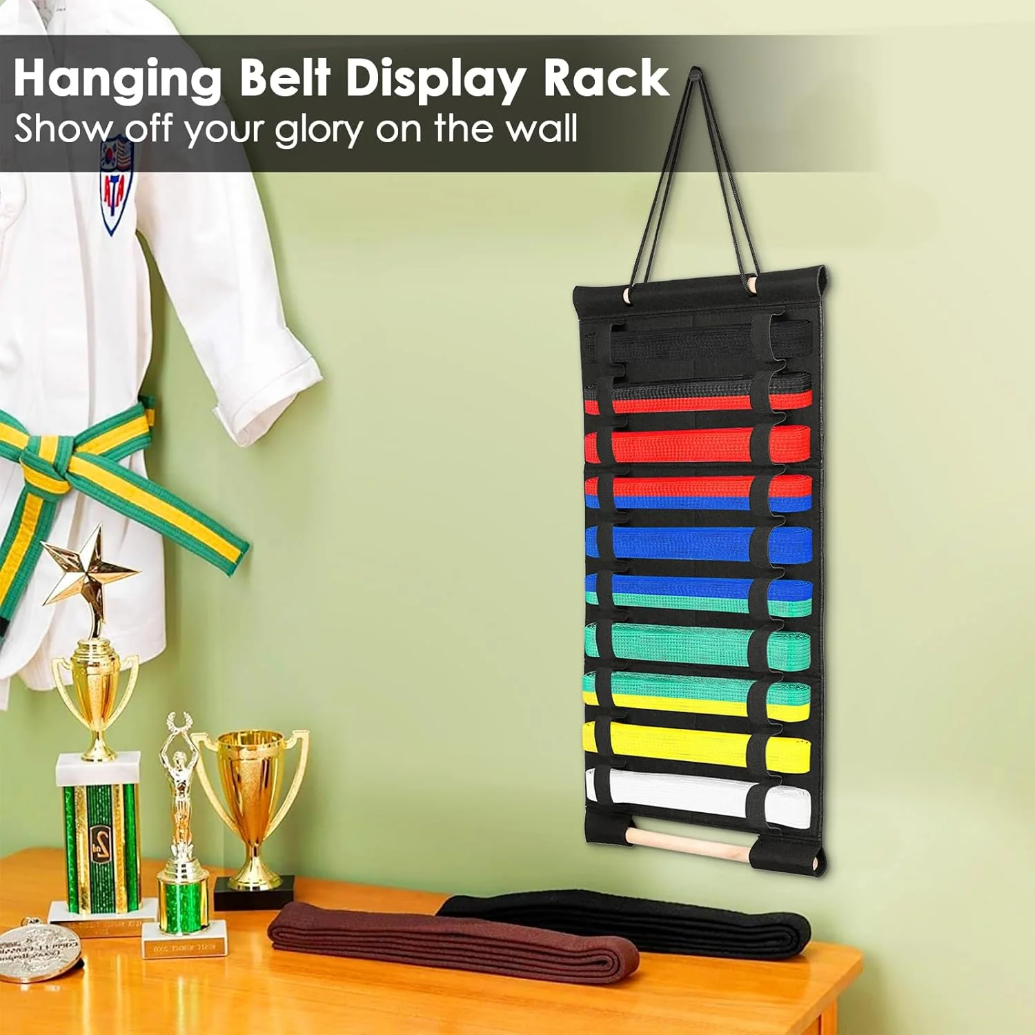 نگهدارنده کمربند هنرهای رزمی OGANAZI با ظرفیت 10 کمربند - نمد مشکی برای کاراته، تکواندو، جیو جیتسو و BJJ مناسب برای هنرجویان هنرهای رزمی