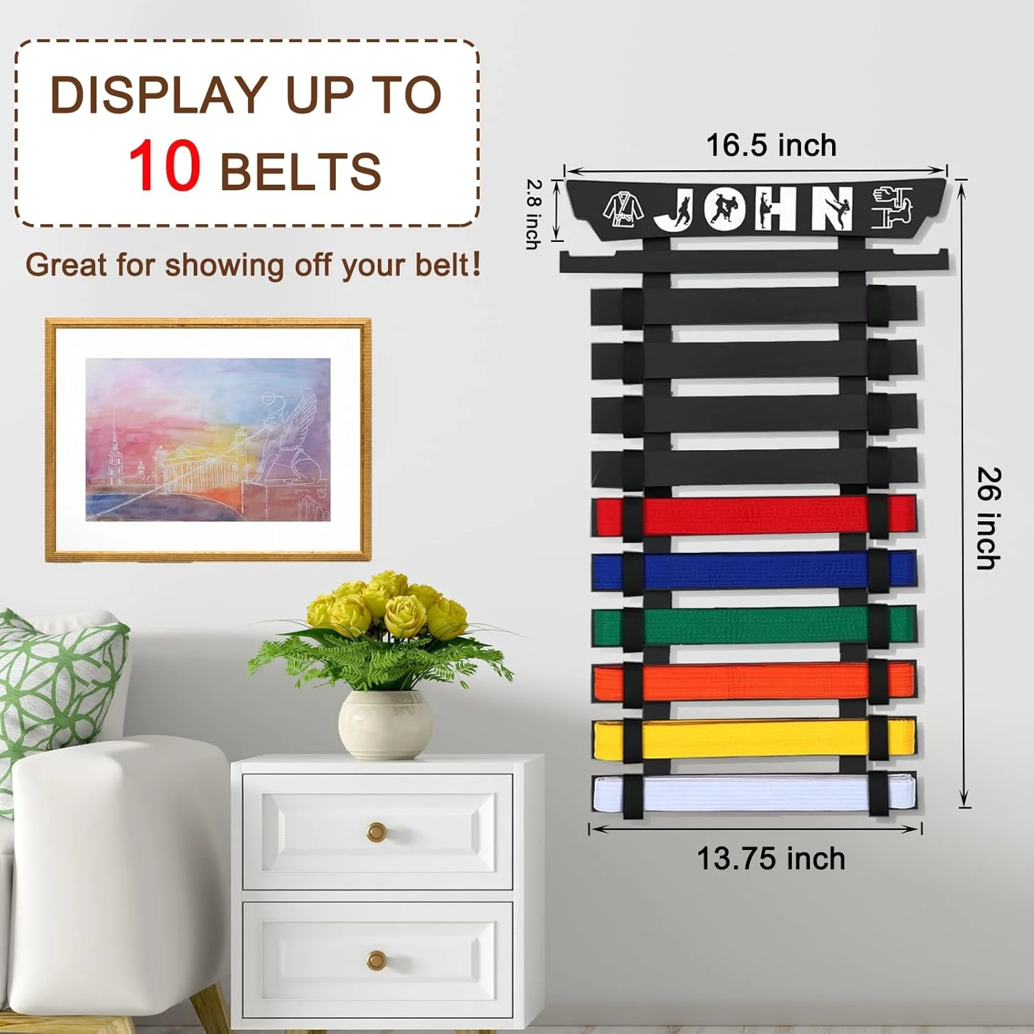 نگهدارنده کمربند کاراته نیکیکستی، قفسه نمایش کمربند هنرهای رزمی با استیکر، سازمان دهنده کمربند تکواندو برای کودکان و بزرگسالان، سازمان دهنده و نگهدارنده مدال کمربند، مشکی