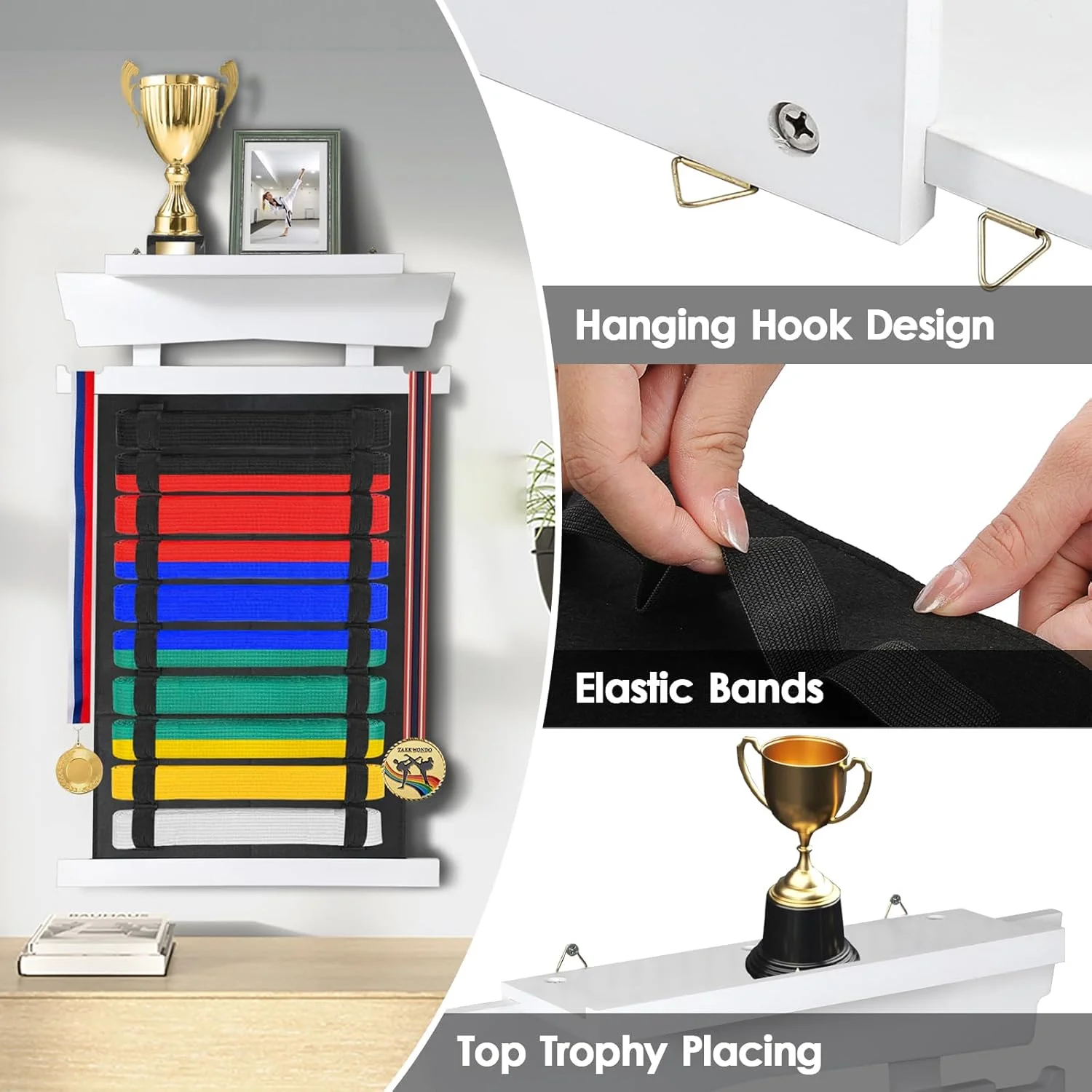 نگهدارنده کمربند سفید کاراته OGANAZI با ظرفیت 10 کمربند، قفسه بامبو و نمدی برای نگهداری تجهیزات هنرهای رزمی تکواندو به همراه جایزه، سفید