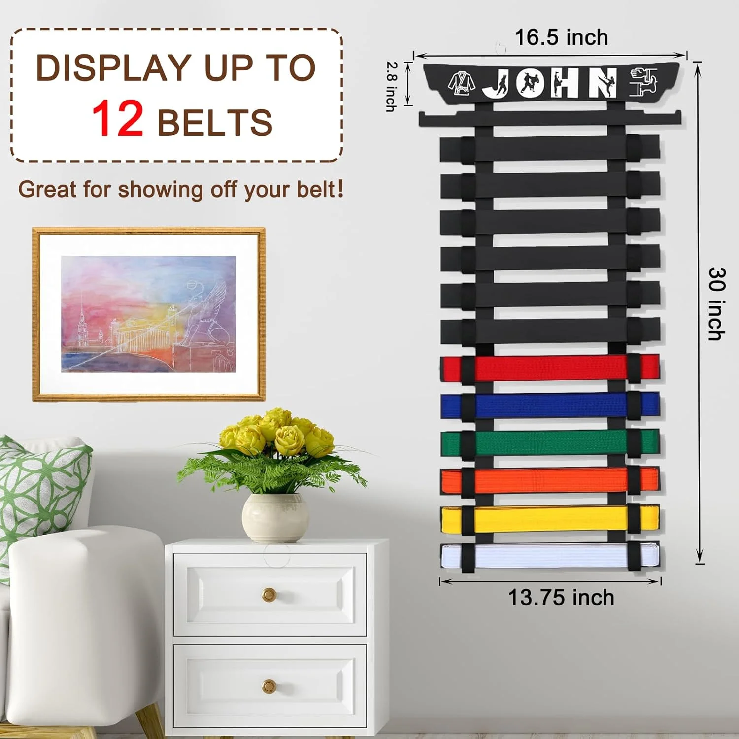 استند نمایش کمربند هنرهای رزمی نیکیکستی، استند دیواری کمربند تکواندو، نگهدارنده کمربند هنرهای رزمی برای سازماندهی مدال و نگهداری کمربند کودکان، مشکی