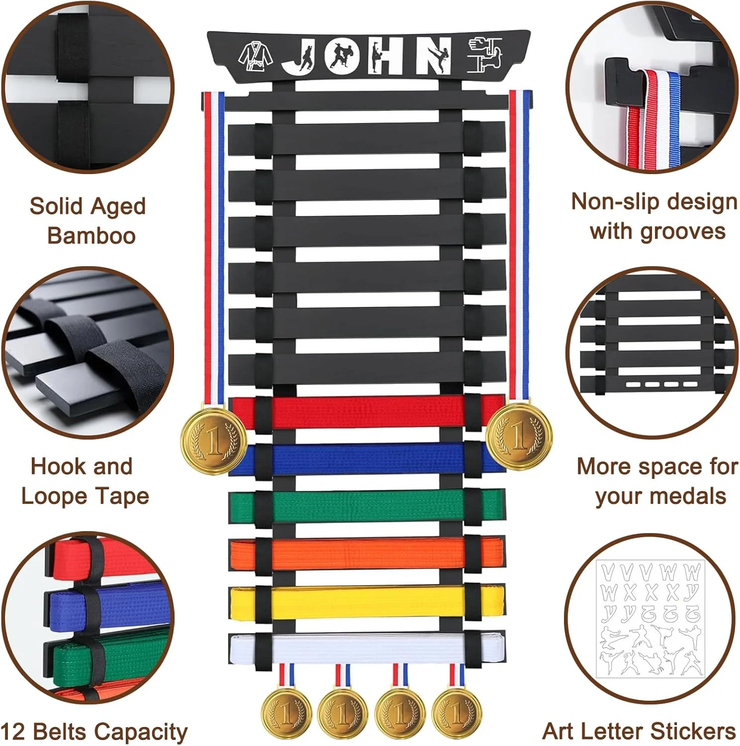 استند نمایش کمربند هنرهای رزمی نیکیکستی، استند دیواری کمربند تکواندو، نگهدارنده کمربند هنرهای رزمی برای سازماندهی مدال و نگهداری کمربند کودکان، مشکی
