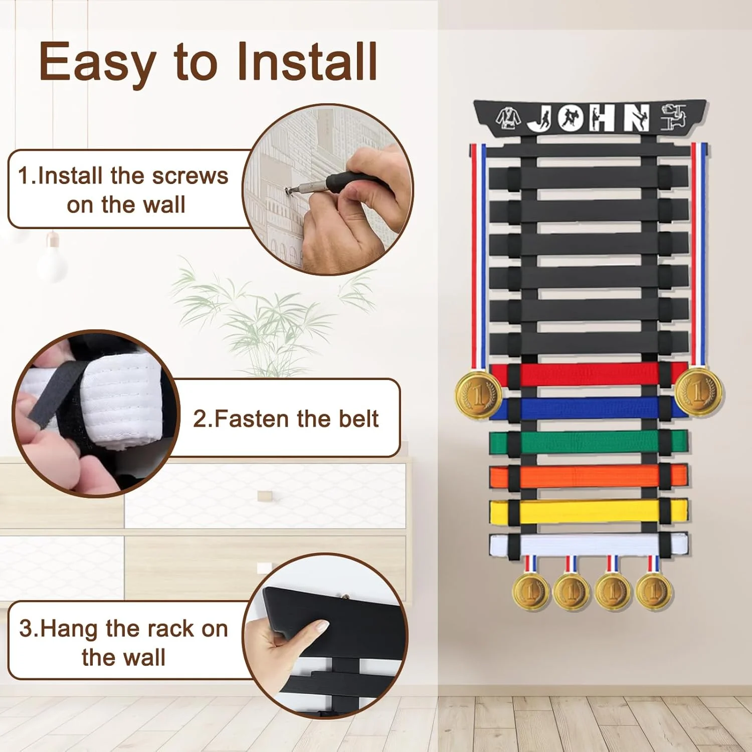 استند نمایش کمربند هنرهای رزمی نیکیکستی، استند دیواری کمربند تکواندو، نگهدارنده کمربند هنرهای رزمی برای سازماندهی مدال و نگهداری کمربند کودکان، مشکی