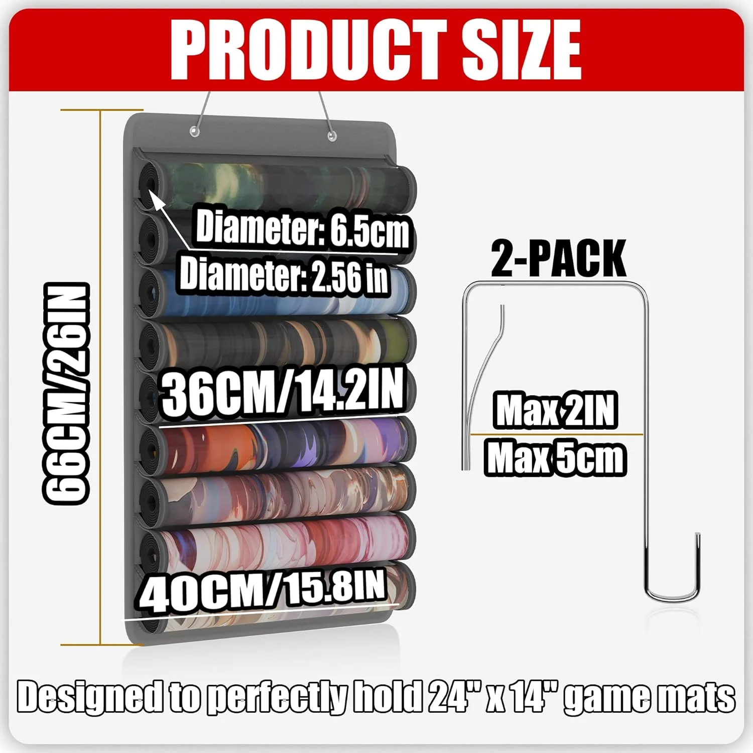 کیف نگهداری زیرانداز بازی MAYOKEN® برای MTG/TCG، آویز نگهدارنده زیرانداز بازی با 10 محفظه شفاف PVC، سازمان دهنده لوله ای مقاوم در برابر پارگی برای زیراندازهای استاندارد بازی، پد ماوس، لوازم جانبی شامل 2 قلاب