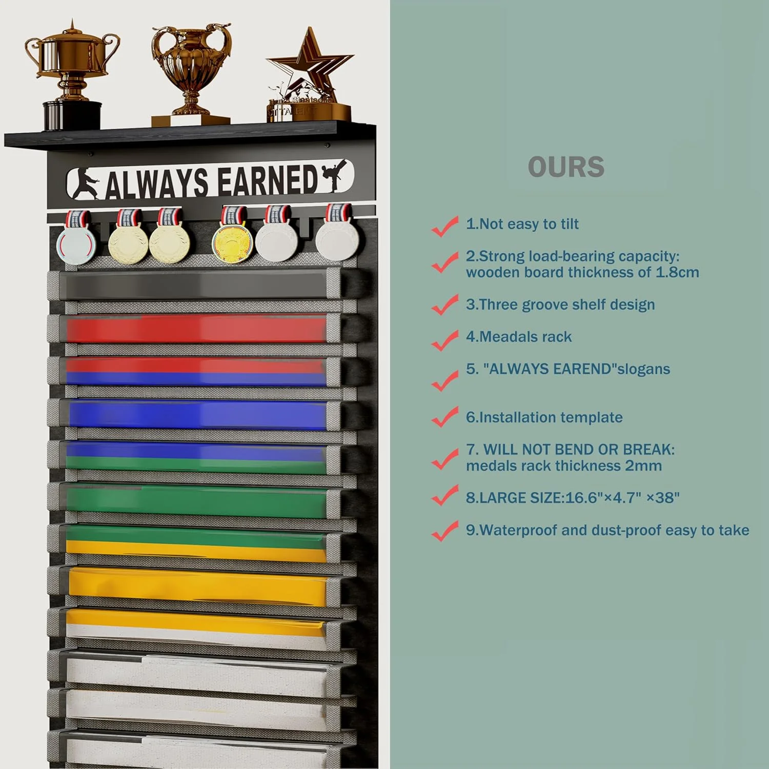 نگهدارنده کمربند چوبی هنرهای رزمی 3 در 1 با آویز مدال، قفسه عکس/جایزه و طراحی ضد گرد و غبار نمدی (همیشه به دست آمده، 12 کمربند)