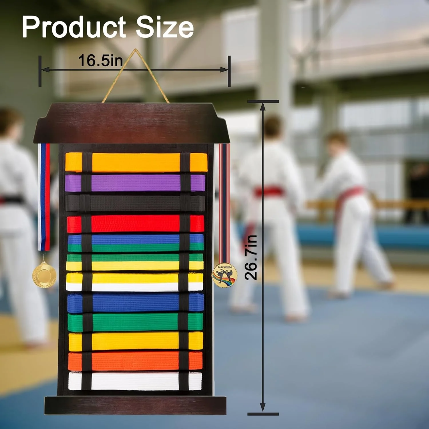 نگهدارنده کمربند کاراته - مناسب برای 12 کمربند، نگهدارنده کمربند تکواندو و BJJ برای هنرهای رزمی، بدون نیاز به مونتاژ، نگهدارنده قابل تنظیم کمربند کاراته برای نوجوانان و بزرگسالان (گردویی)