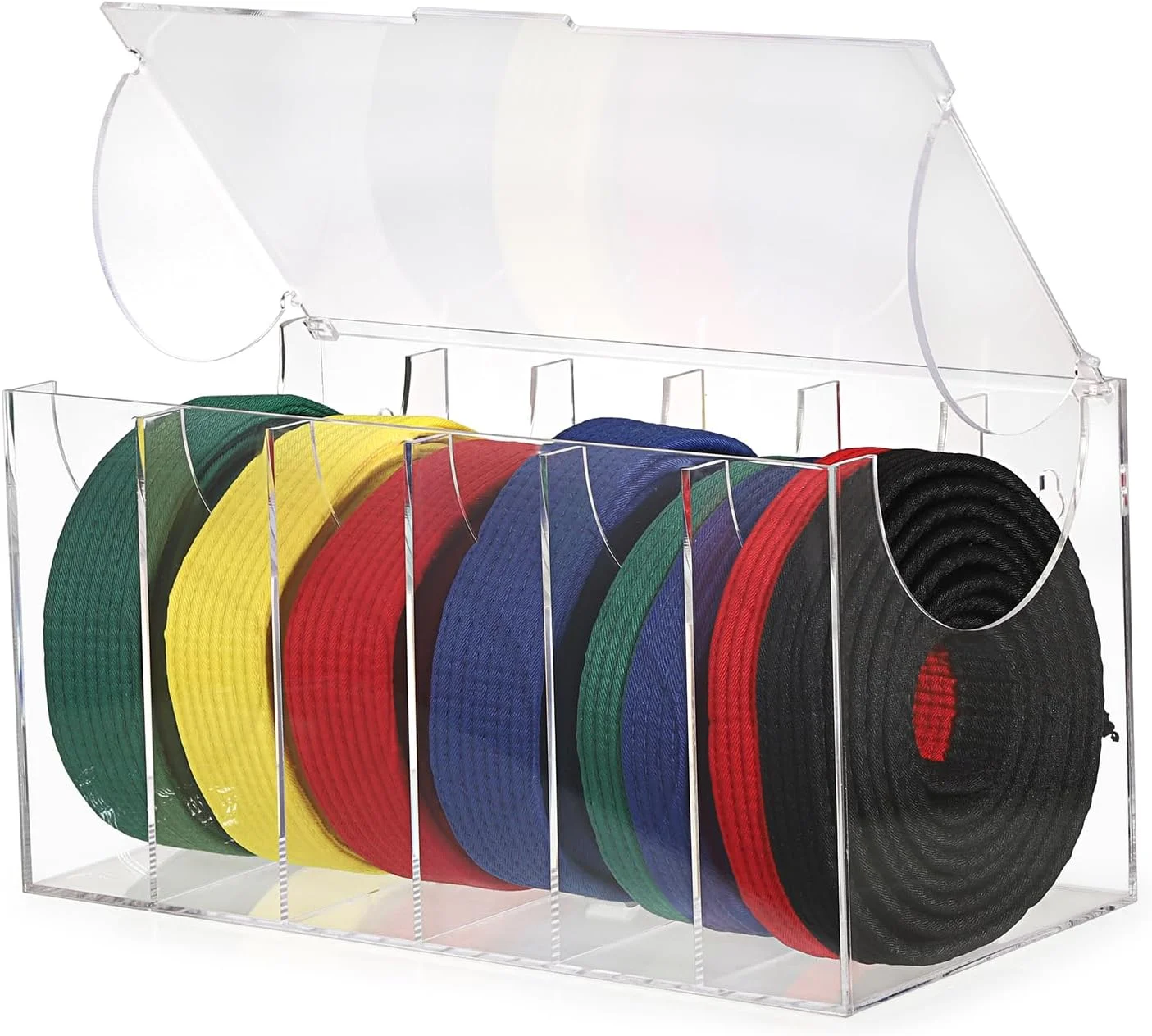 محفظه نمایش کمربند هنرهای رزمی آکریلیک شفاف JUXYES برای 6 کمربند، نگهدارنده قابل حمل کمربند کاراته با پوشش ضد گرد و غبار، جعبه سازمان دهنده کمربند تکواندو شفاف برای هنرجویان هنرهای رزمی