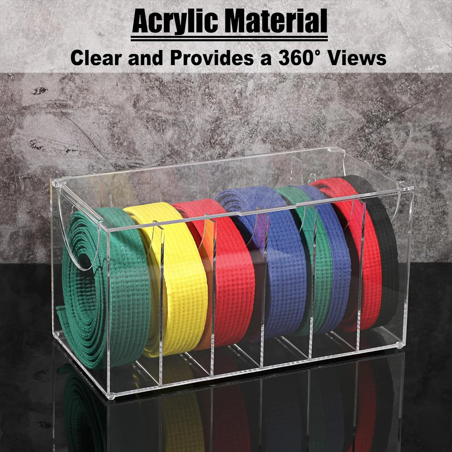 محفظه نمایش کمربند هنرهای رزمی آکریلیک شفاف JUXYES برای 6 کمربند، نگهدارنده قابل حمل کمربند کاراته با پوشش ضد گرد و غبار، جعبه سازمان دهنده کمربند تکواندو شفاف برای هنرجویان هنرهای رزمی
