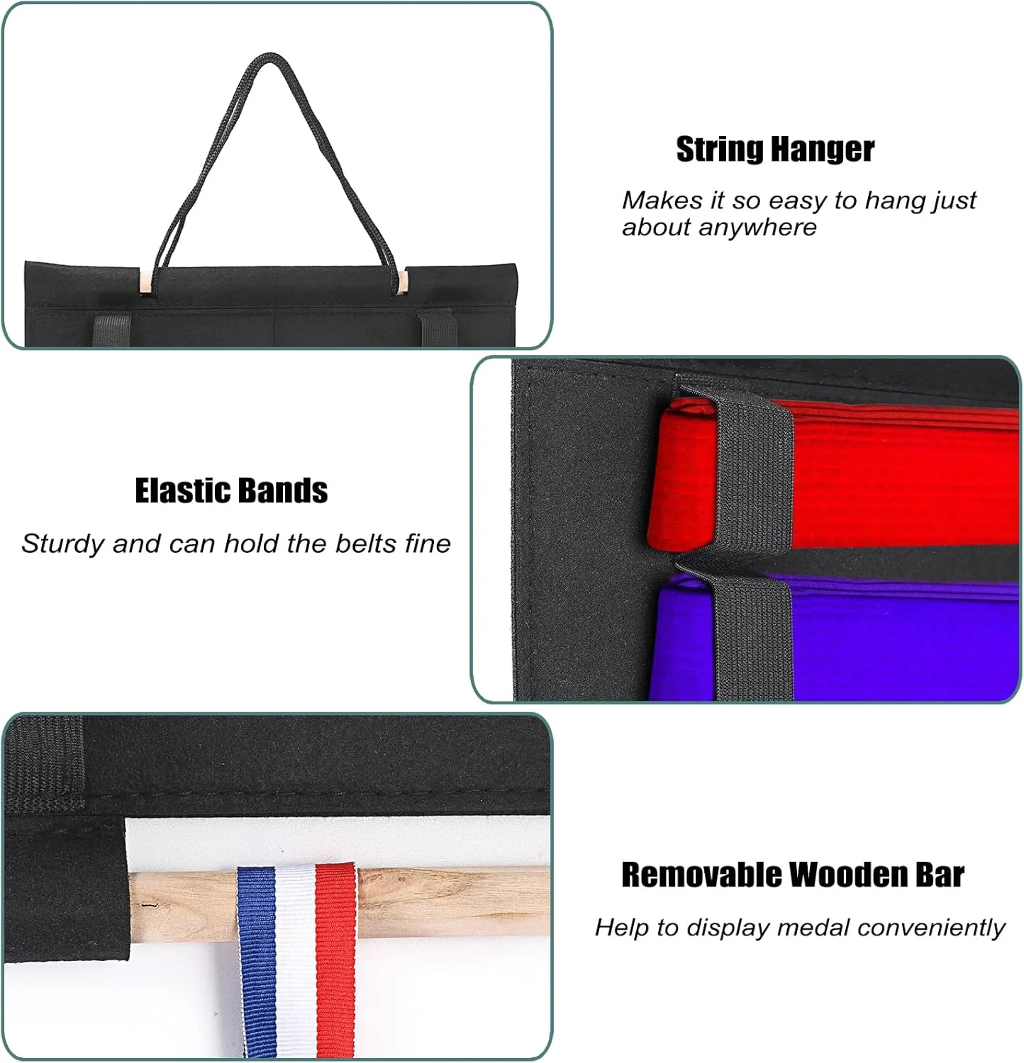 آویز دیواری کمربند هنرهای رزمی JUXYES، نگهدارنده قابل حمل کمربند کاراته با میله آویز مدال، نگهدارنده سبک وزن کمربند تکواندو برای هنرجویان هنرهای رزمی