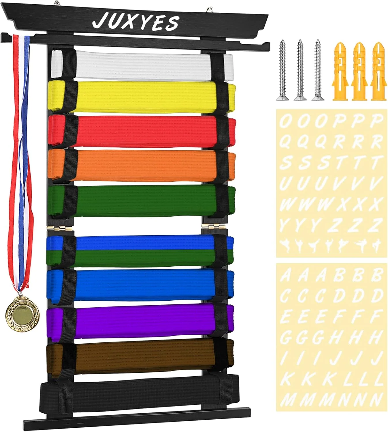 نگهدارنده کمربند هنرهای رزمی دیواری برای 10 کمربند با آویز مدال و استیکر، قفسه نمایش کمربند بامبو کاراته، نگهدارنده نمایش کمربند تکواندو برای هنرجویان هنرهای رزمی