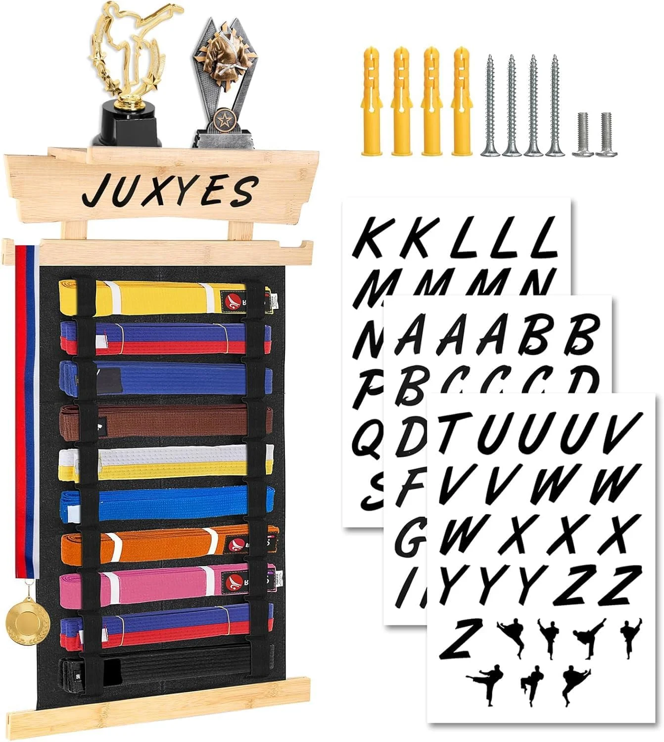 آویز دیواری نگهدارنده کمربند هنرهای رزمی برای 10 کمربند با آویز مدال، قفسه نمایش کمربند بامبو قابل حمل، نگهدارنده کمربند تکواندو نصب شده روی دیوار برای هنرجویان هنرهای رزمی