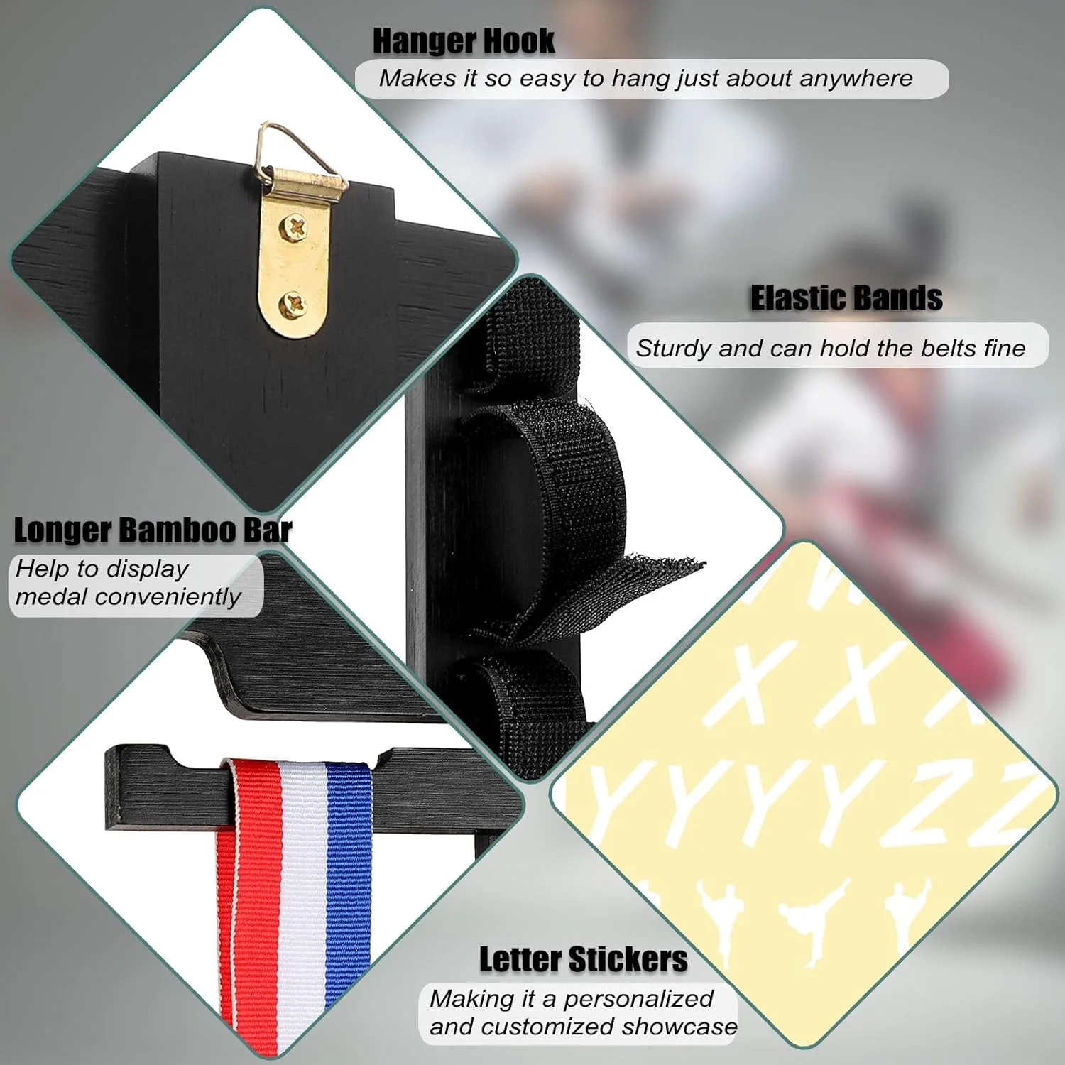 نگهدارنده کمربند هنرهای رزمی دیواری برای 10 کمربند با آویز مدال و استیکر، قفسه نمایش کمربند بامبو کاراته، نگهدارنده نمایش کمربند تکواندو برای هنرجویان هنرهای رزمی