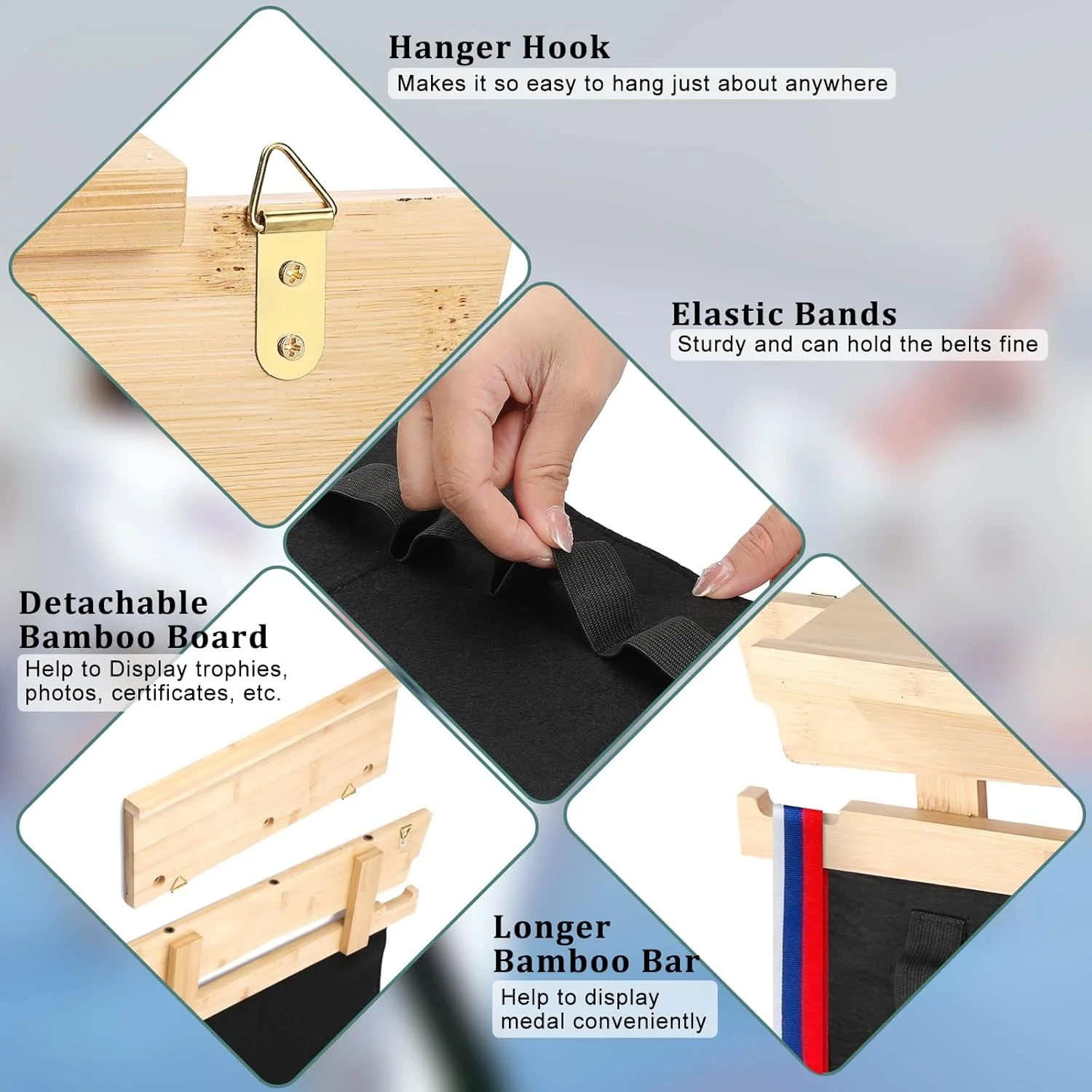 آویز دیواری نگهدارنده کمربند هنرهای رزمی برای 10 کمربند با آویز مدال، قفسه نمایش کمربند بامبو قابل حمل، نگهدارنده کمربند تکواندو نصب شده روی دیوار برای هنرجویان هنرهای رزمی