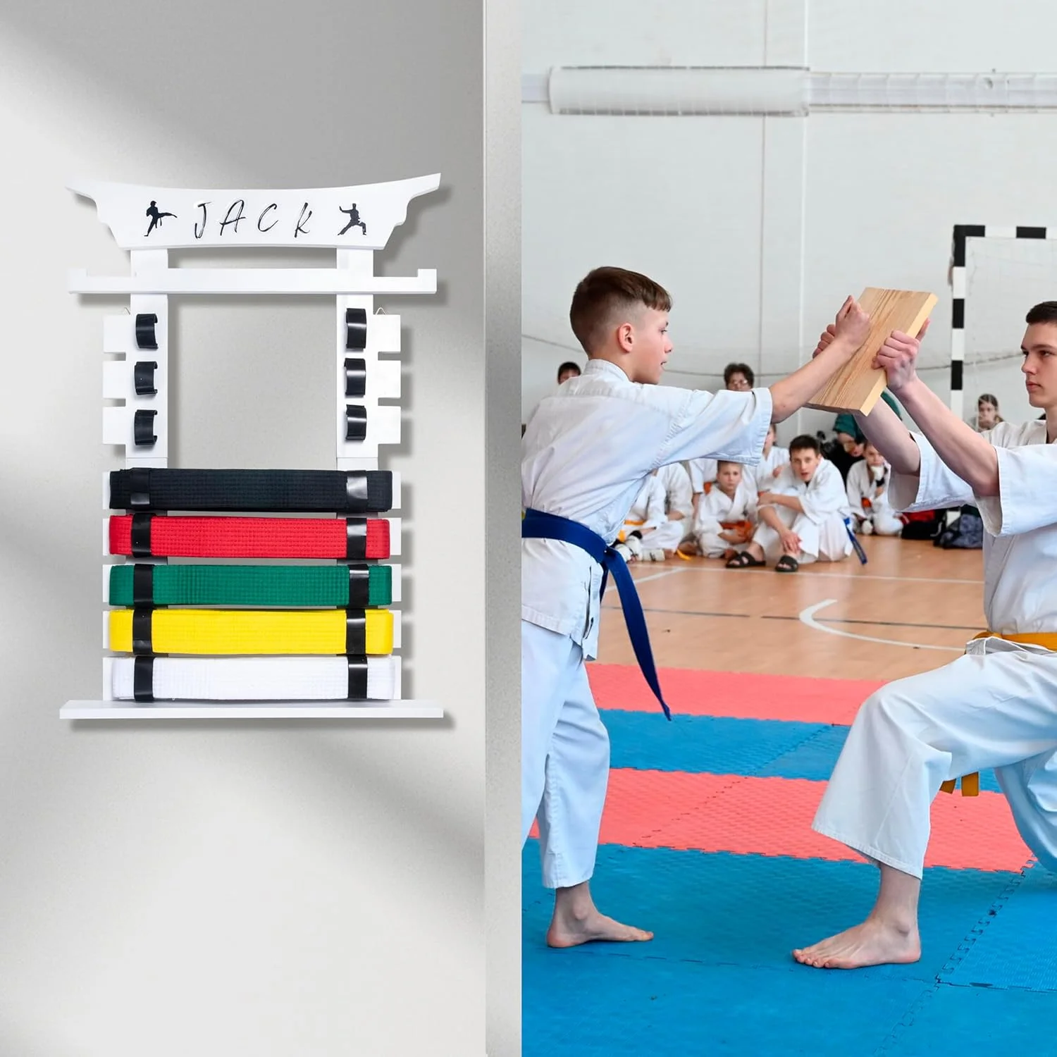 نگهدارنده کمربند کاراته دیواری با آویز مدال و استیکر، نگهدارنده کمربند هنرهای رزمی، نگهدارنده آویز کمربند تکواندو، جیو جیتسو، BJJ با ظرفیت 8 کمربند برای کودکان و بزرگسالان