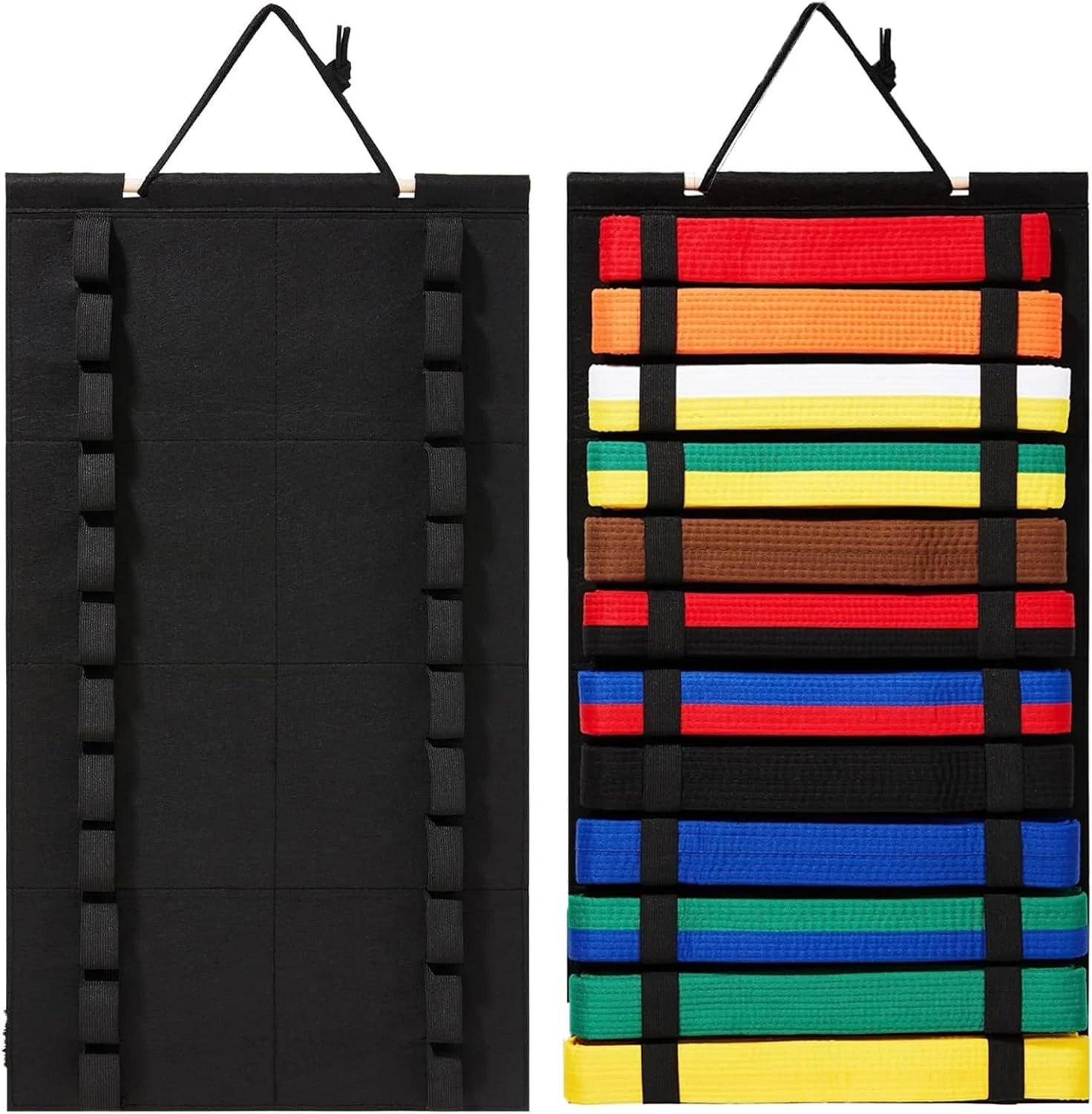 نگهدارنده کمربند کاراته، جای 12 کمربند، پارچه نمدی متراکم، نمایشگر کمربند تکواندو با حلقه های کشسان تقویت شده، قابل نصب روی دیوار و تاشو