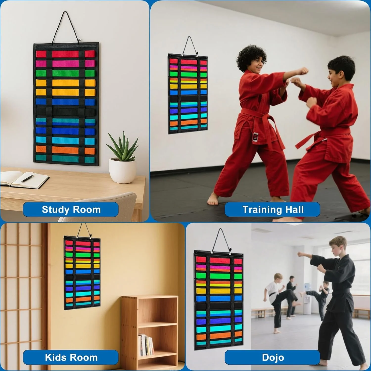 نگهدارنده کمربند کاراته، جای 12 کمربند، پارچه نمدی متراکم، نمایشگر کمربند تکواندو با حلقه های کشسان تقویت شده، قابل نصب روی دیوار و تاشو