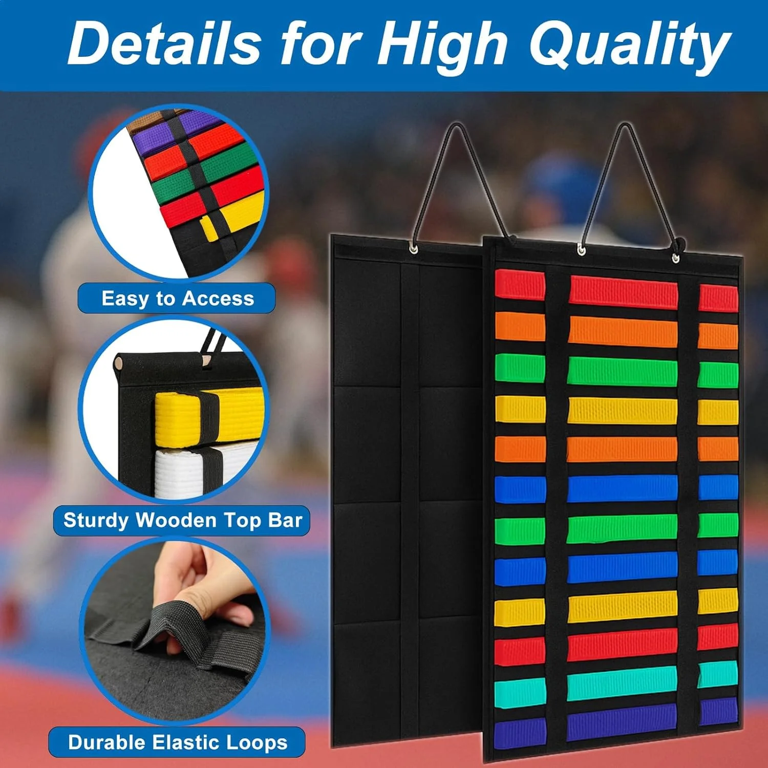 نگهدارنده کمربند کاراته، جای 12 کمربند، پارچه نمدی متراکم، نمایشگر کمربند تکواندو با حلقه های کشسان تقویت شده، قابل نصب روی دیوار و تاشو