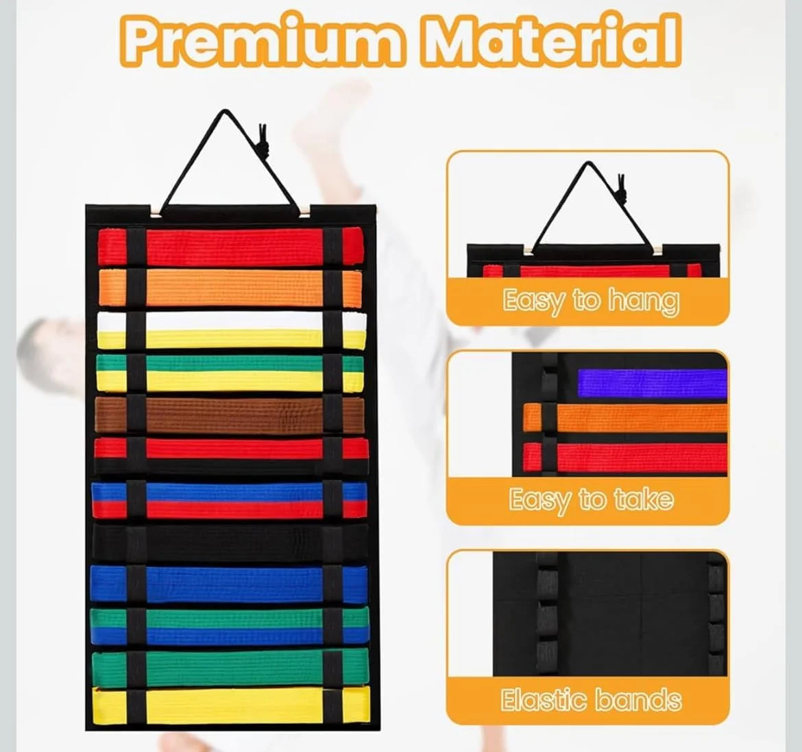 نگهدارنده کمربند هنرهای رزمی، ظرفیت 12 کمربند، آویز دیواری مشکی برای سازماندهی کمربند کاراته و تکواندو